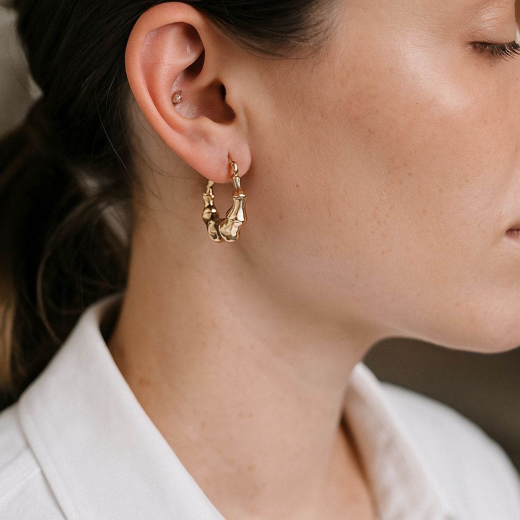 14K Solid Gold Bamboo Hoop Earrings – Bold Chunky Real Gold Hoops