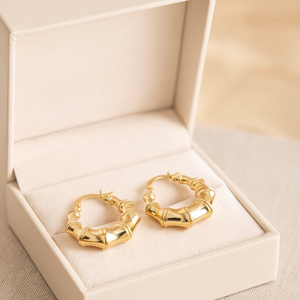 14K Solid Gold Bamboo Hoop Earrings – Bold Chunky Real Gold Hoops