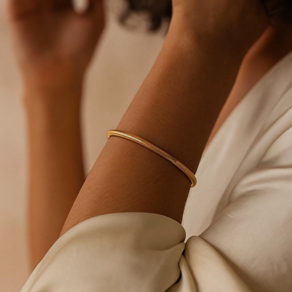 14K Solid Gold Herringbone Bracelet – Handmade Real Gold Flat Snake Chain