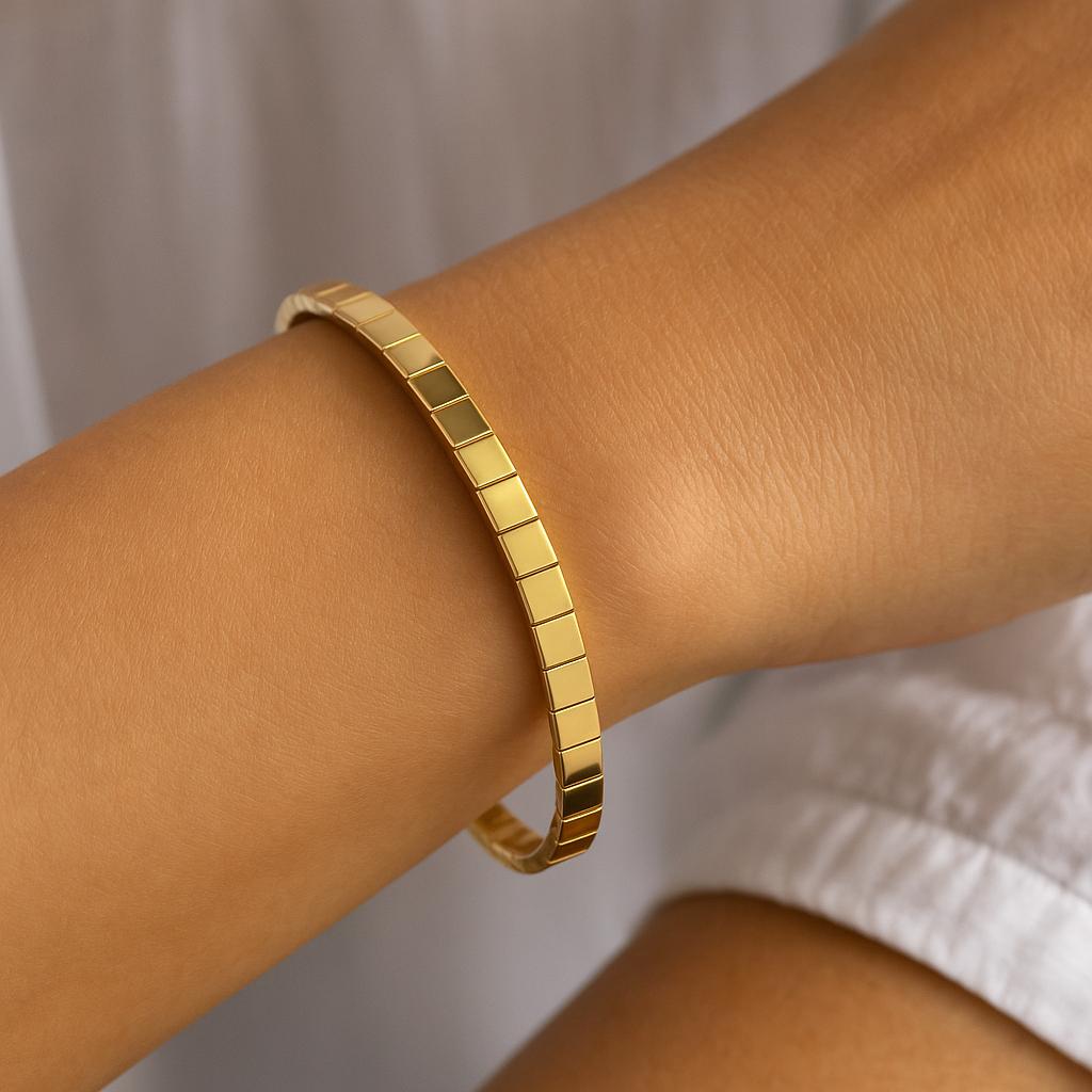 14K Solid Gold Square Link Bracelet – Handmade Real Gold Geometric Jewelry, Modern Statement Bracelet, Luxury Gift for Women