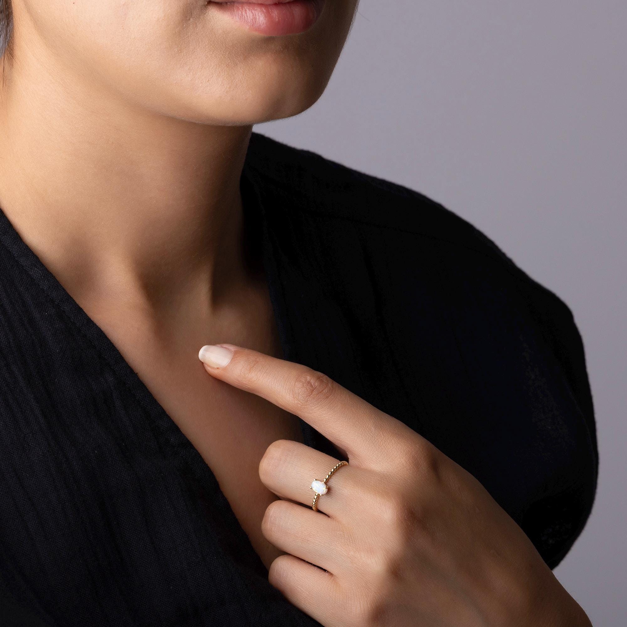 14K Solid Gold Opal Ring – Dainty Beaded Band with White Opal Stone