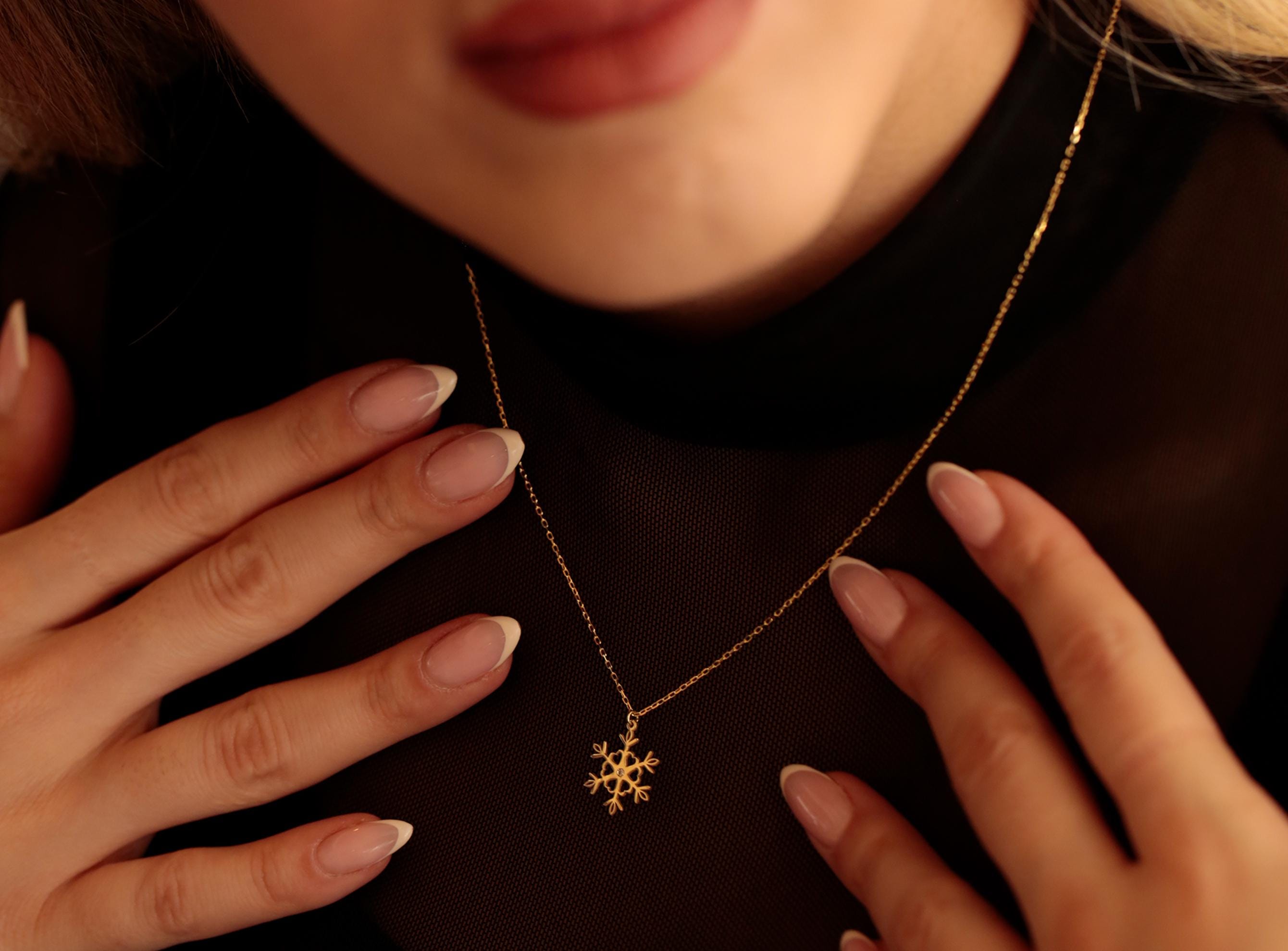 14K Solid Gold Snowflake Necklace - Real Gold Winter Pendant