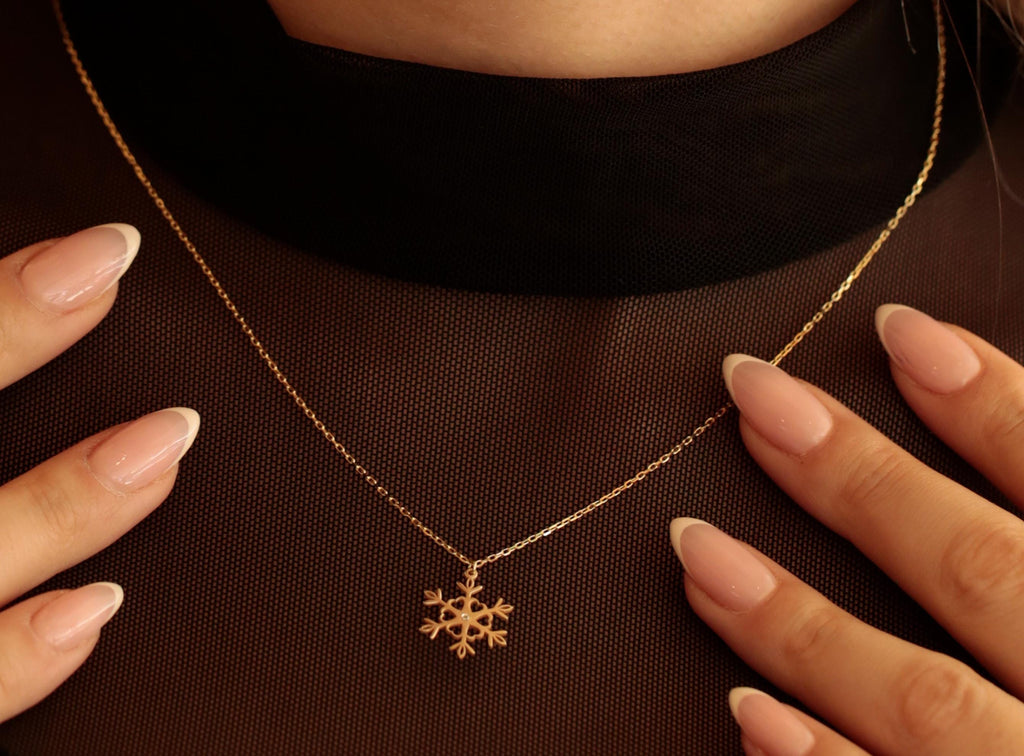 14K Solid Gold Snowflake Necklace - Real Gold Winter Pendant