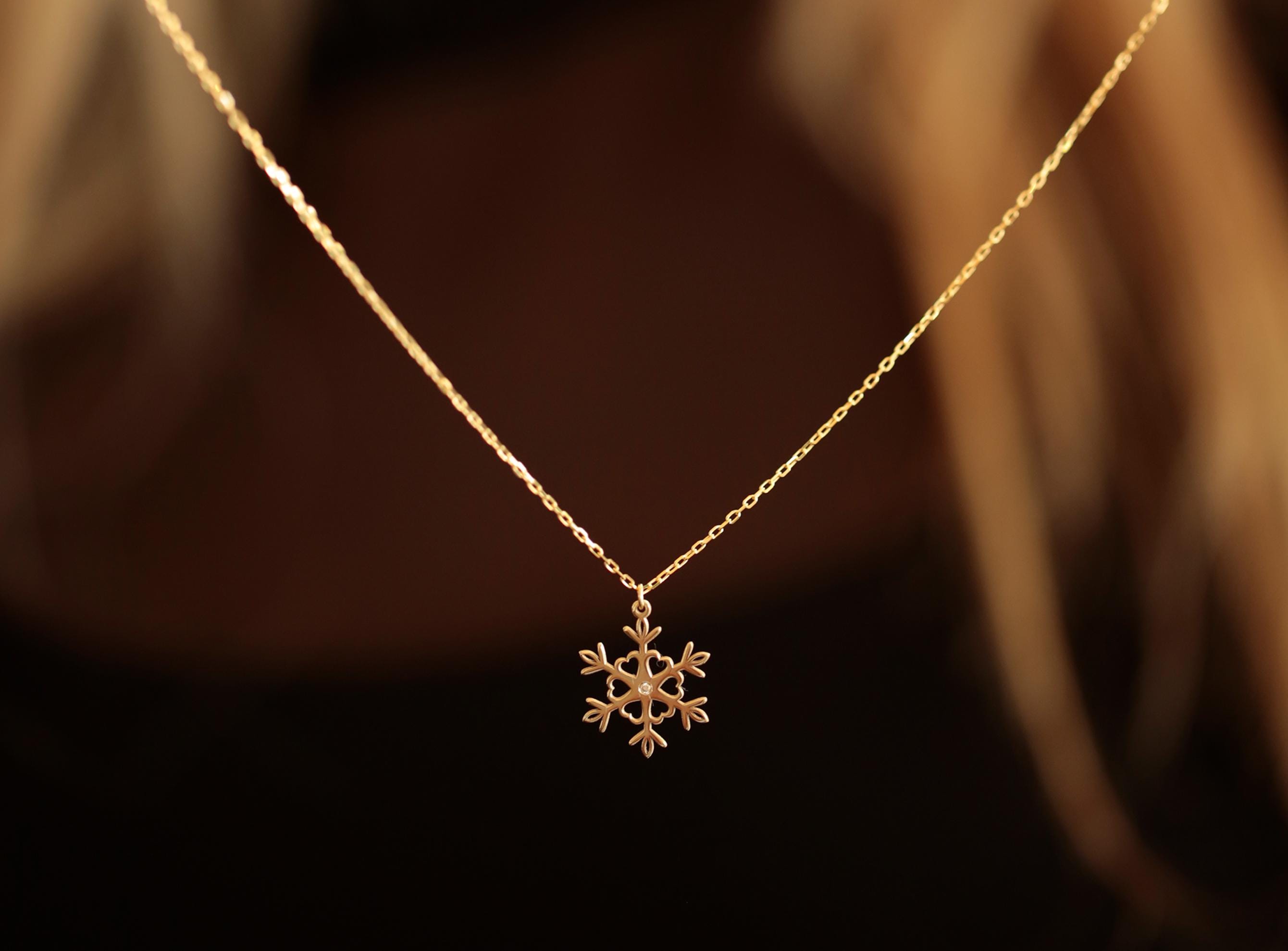 14K Solid Gold Snowflake Necklace - Real Gold Winter Pendant