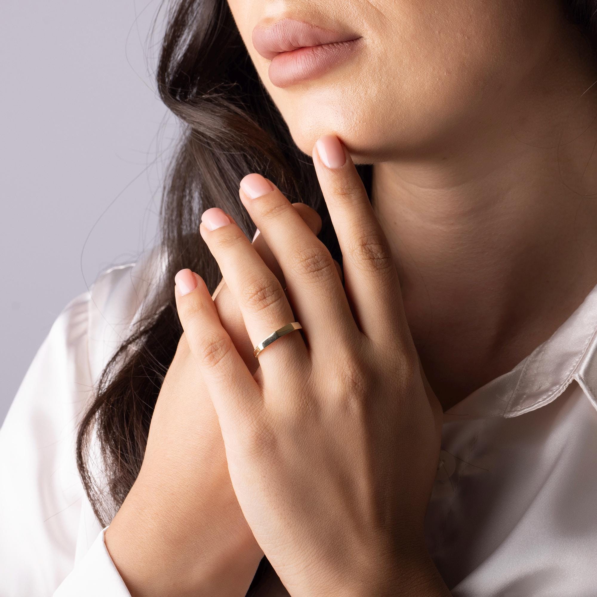 14K Solid Gold Band Ring – Minimalist Flat Wedding Band