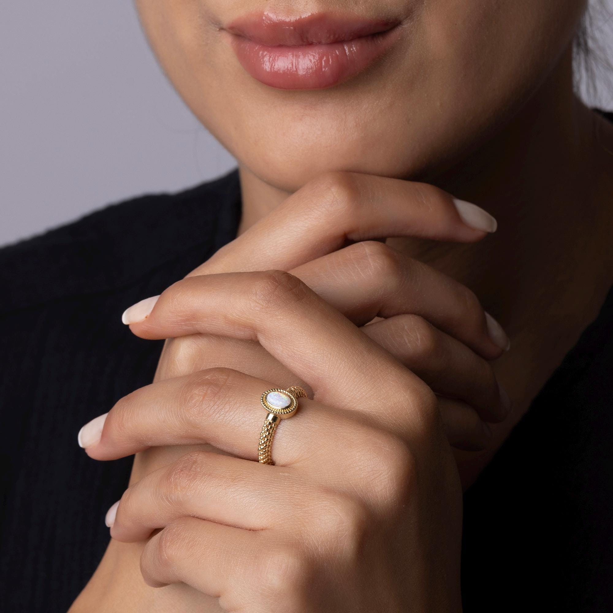 14K Solid Gold 9mm Opal Ring – Braided Band Minimalist Jewelry