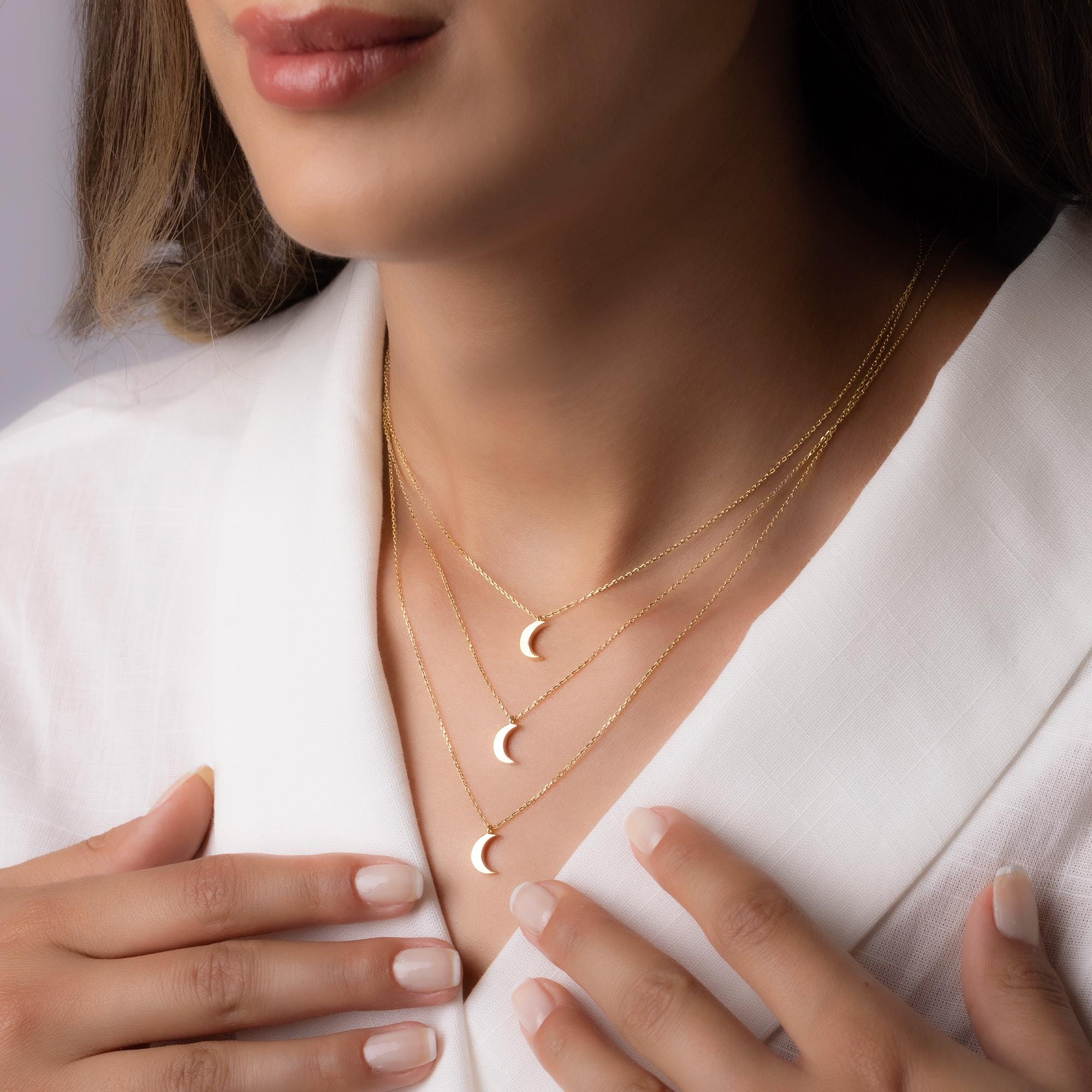 14K Solid Gold Moon Necklace - Dainty Crescent Pendant