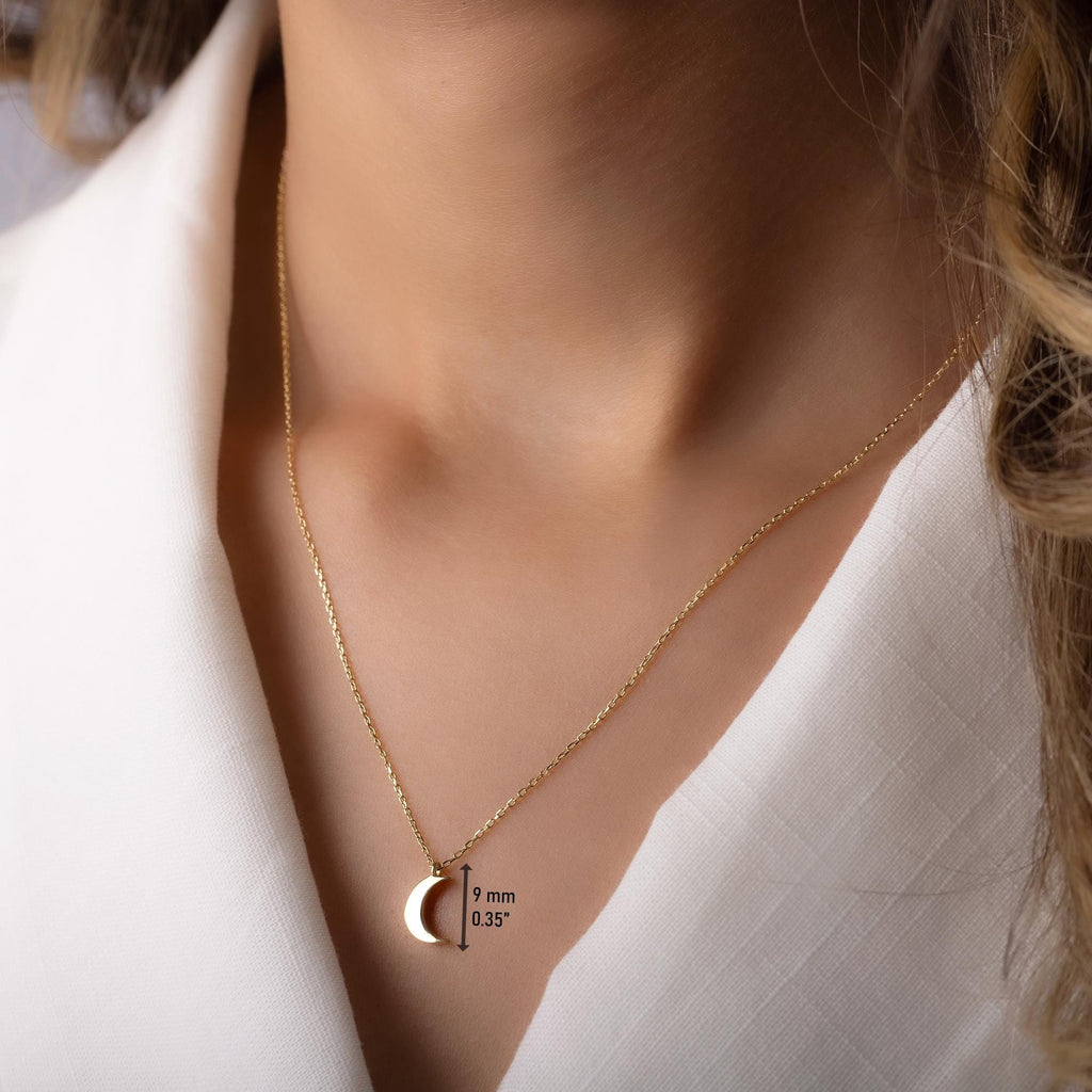 14K Solid Gold Moon Necklace - Dainty Crescent Pendant