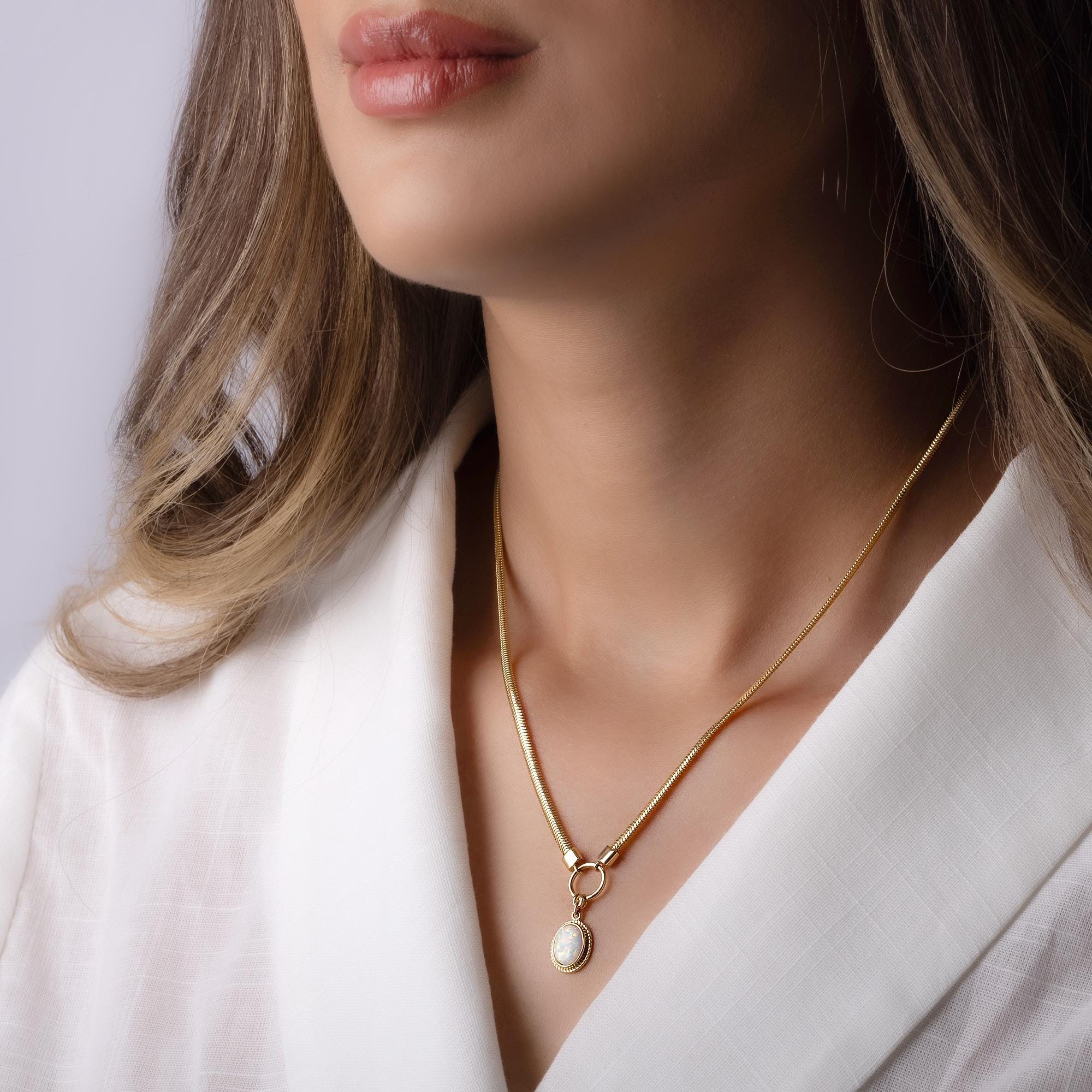 14K Solid Gold Opal Necklace – Dainty 12mm Oval Gemstone Pendant with Circle Charm