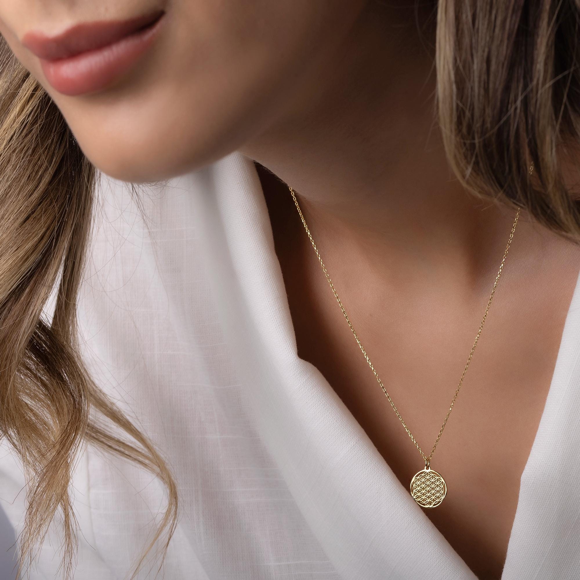 14K Solid Gold Flower of Life Necklace - Sacred Geometry Pendant