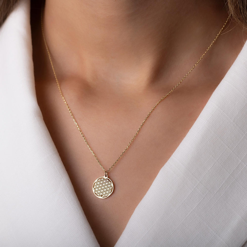14K Solid Gold Flower of Life Necklace - Sacred Geometry Pendant