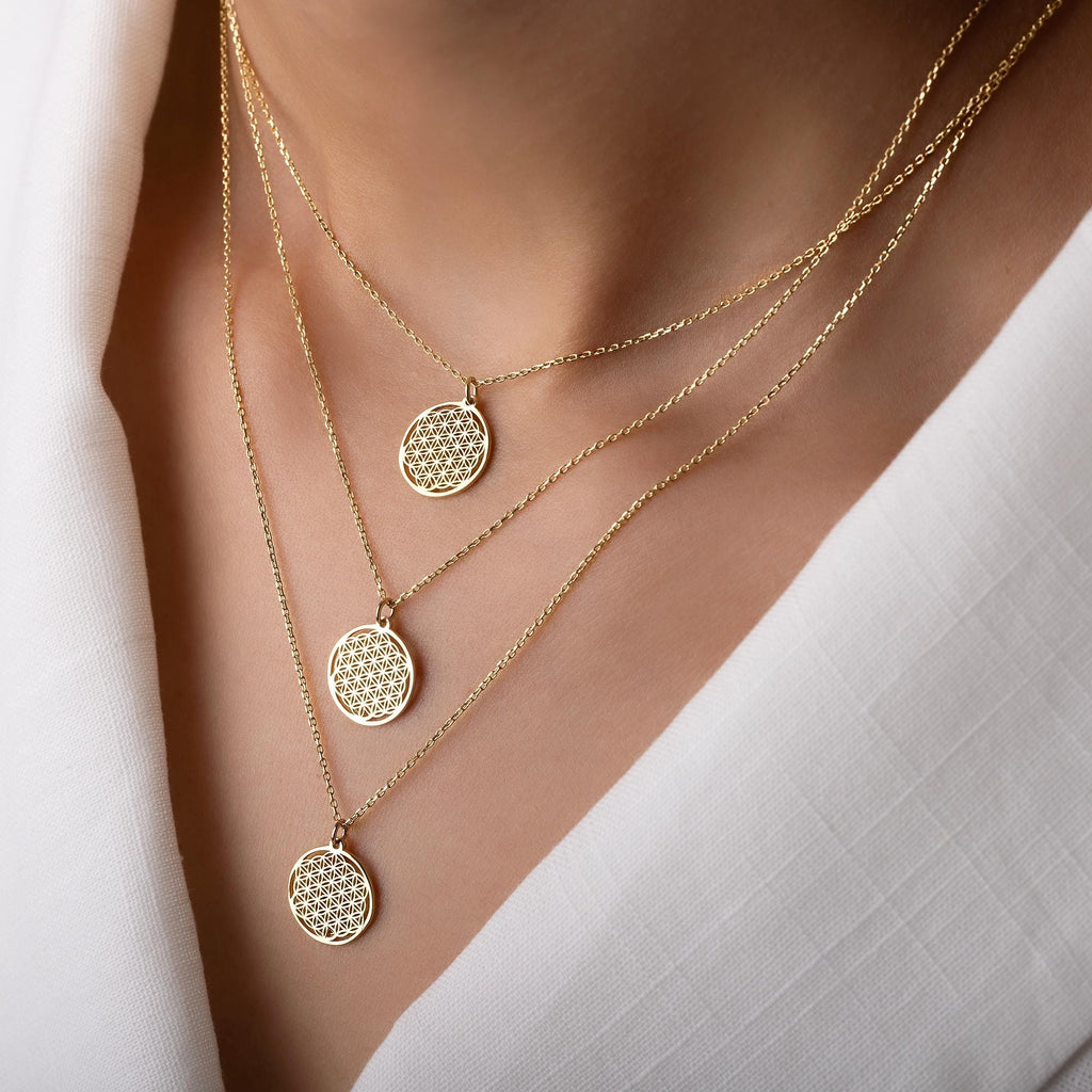 14K Solid Gold Flower of Life Necklace - Sacred Geometry Pendant