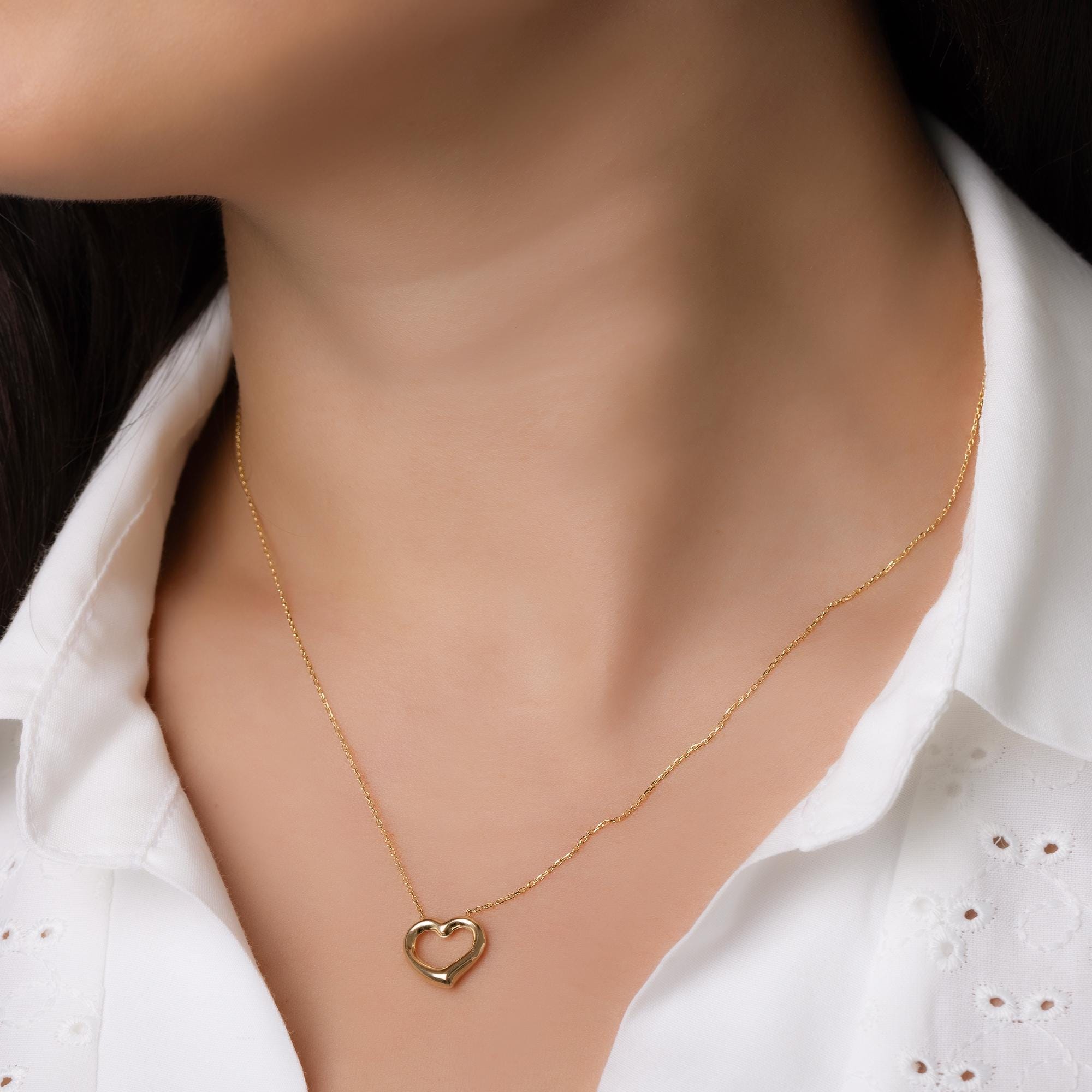 14K Solid Gold Open Heart Necklace - Real Gold Minimalist Pendant