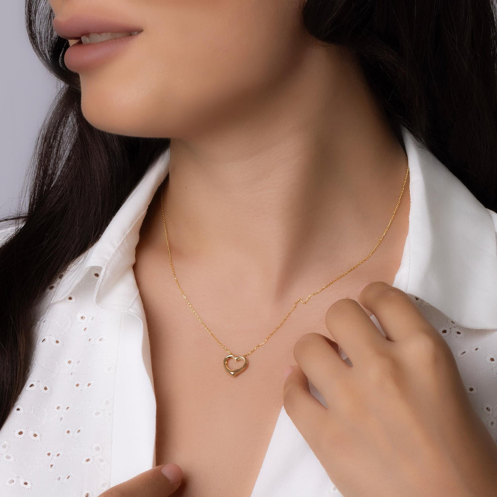 14K Solid Gold Open Heart Necklace - Real Gold Minimalist Pendant
