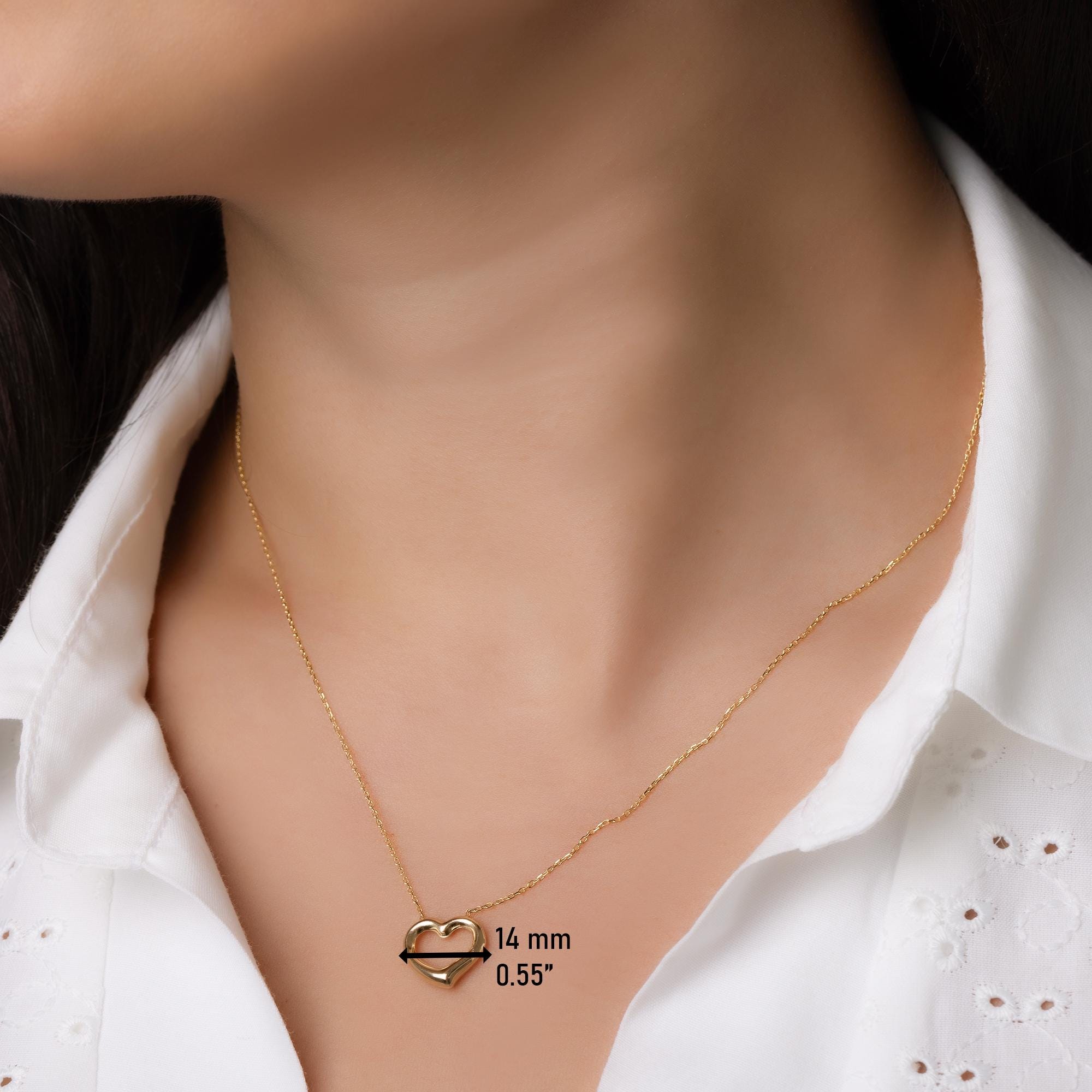 14K Solid Gold Open Heart Necklace - Real Gold Minimalist Pendant