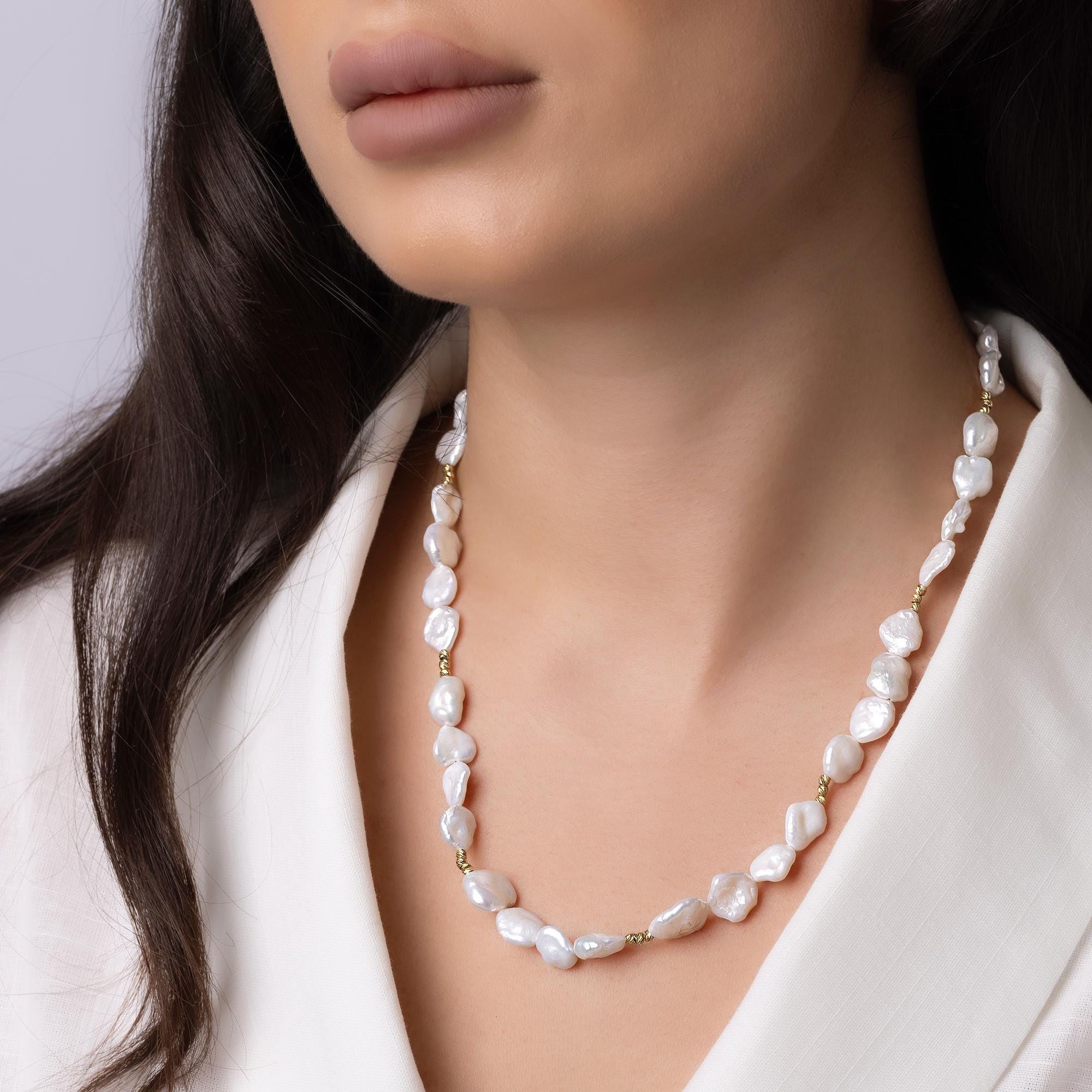 14K Gold Baroque Pearl Necklace - Natural Freshwater Pearl Jewelry