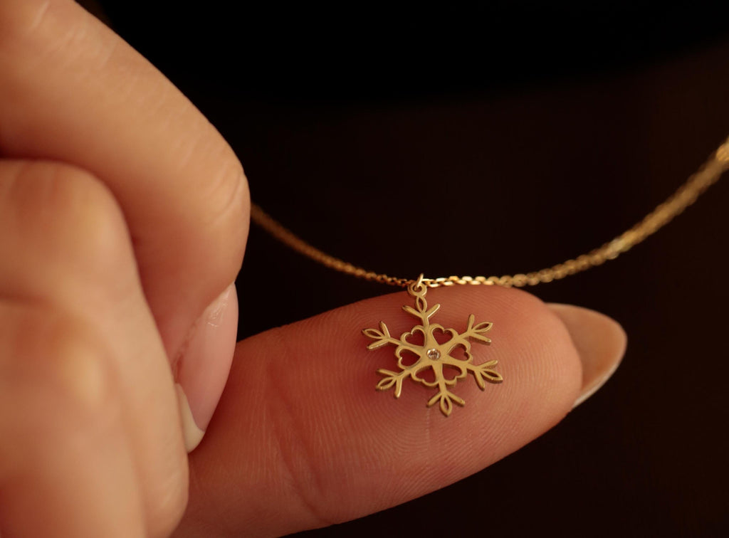 14K Solid Gold Snowflake Necklace - Real Gold Winter Pendant