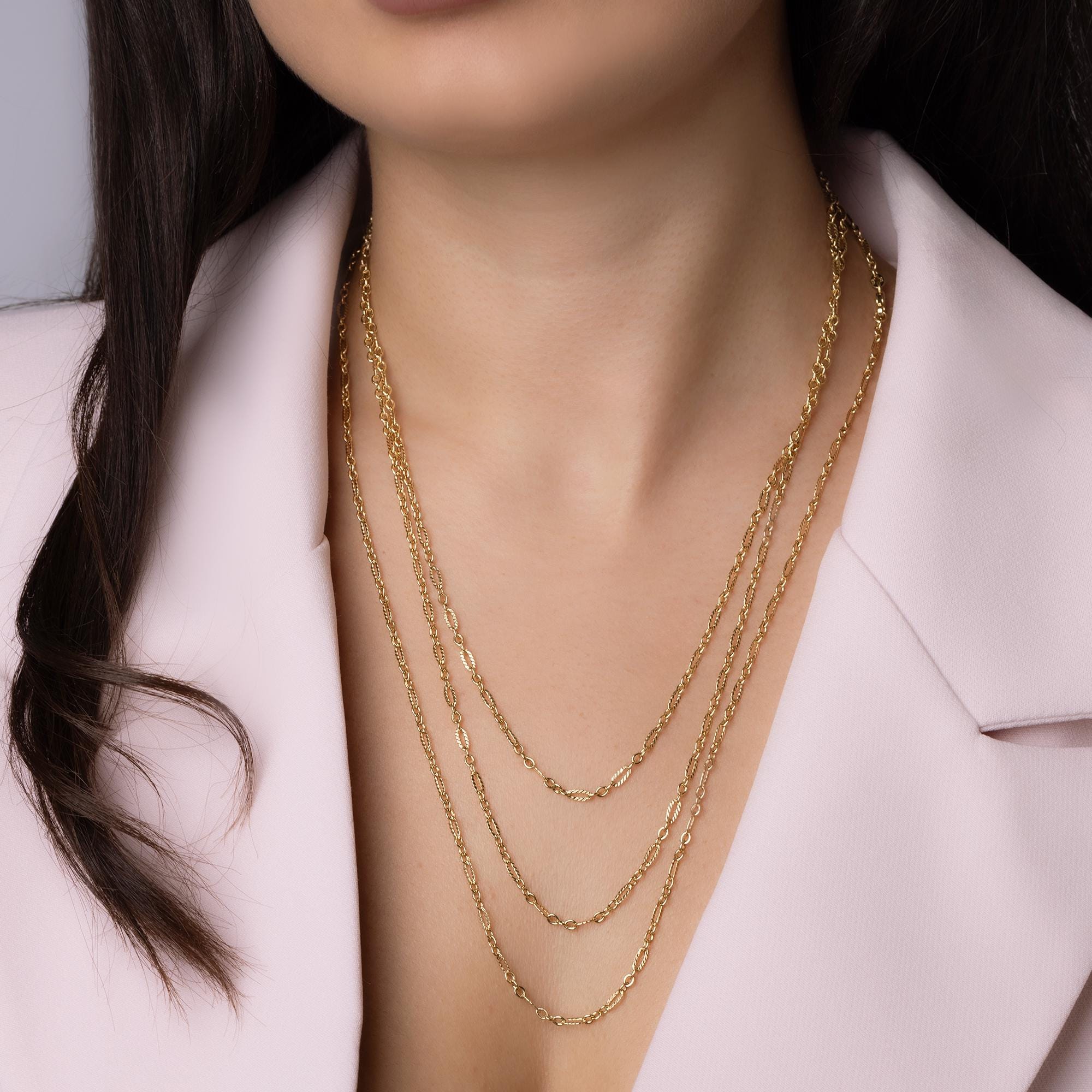 14K Solid Gold Layered Figaro Chain Necklace – Triple Strand Real Gold Jewelry