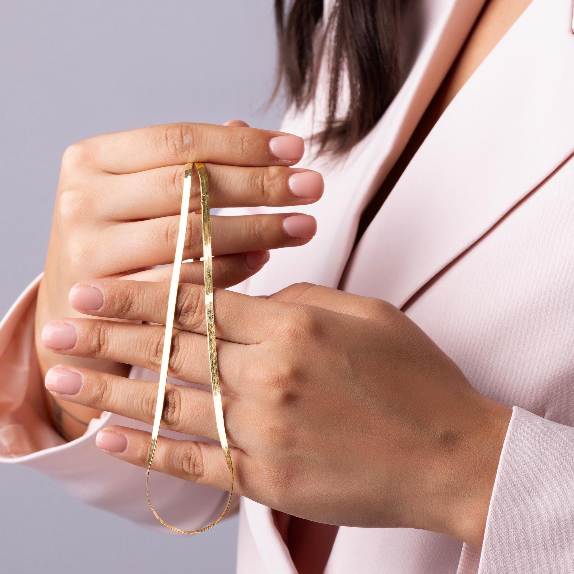 14K Gold Herringbone Necklace - Minimalist Gold Choker Necklace
