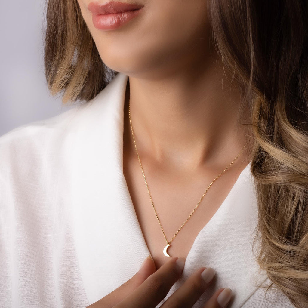14K Solid Gold Moon Necklace - Dainty Crescent Pendant
