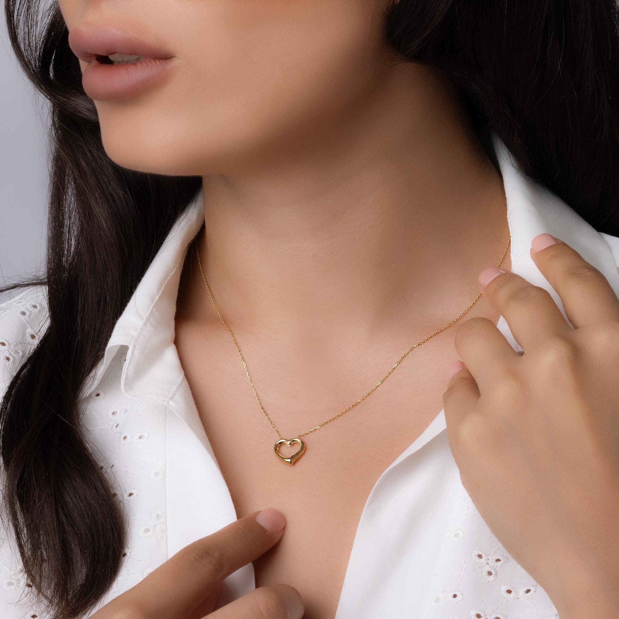 14K Solid Gold Open Heart Necklace - Real Gold Minimalist Pendant