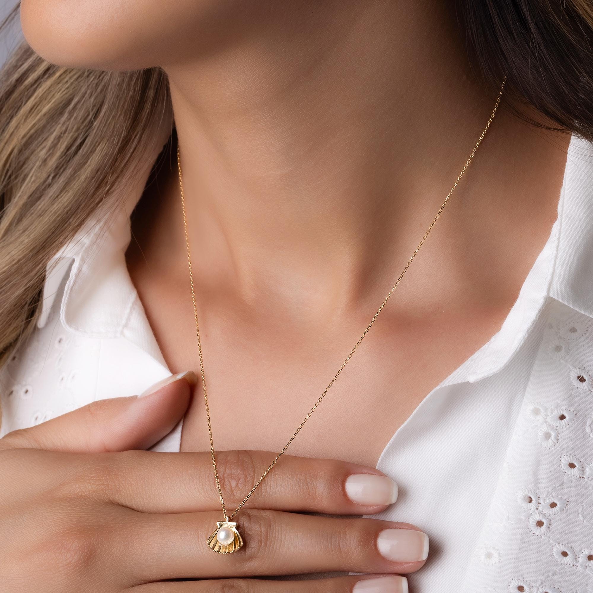 14K Solid Gold Seashell Pearl Necklace - Real Gold Shell Pendant