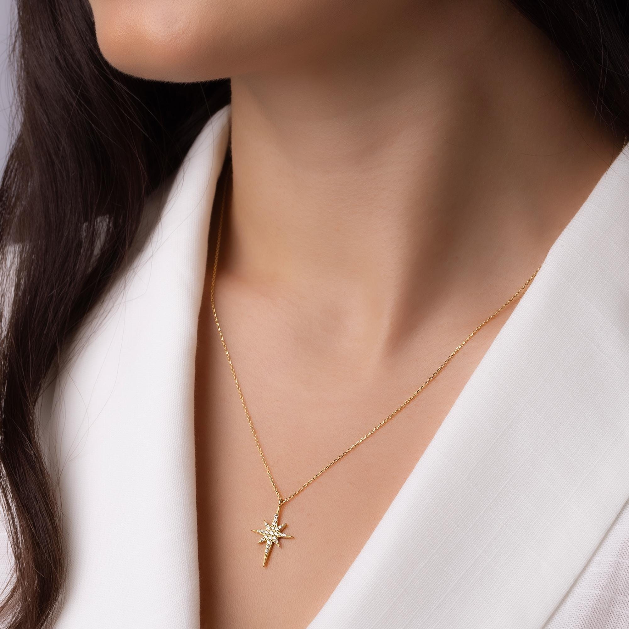 14K Solid Gold North Star Necklace - Dainty Celestial Pendant