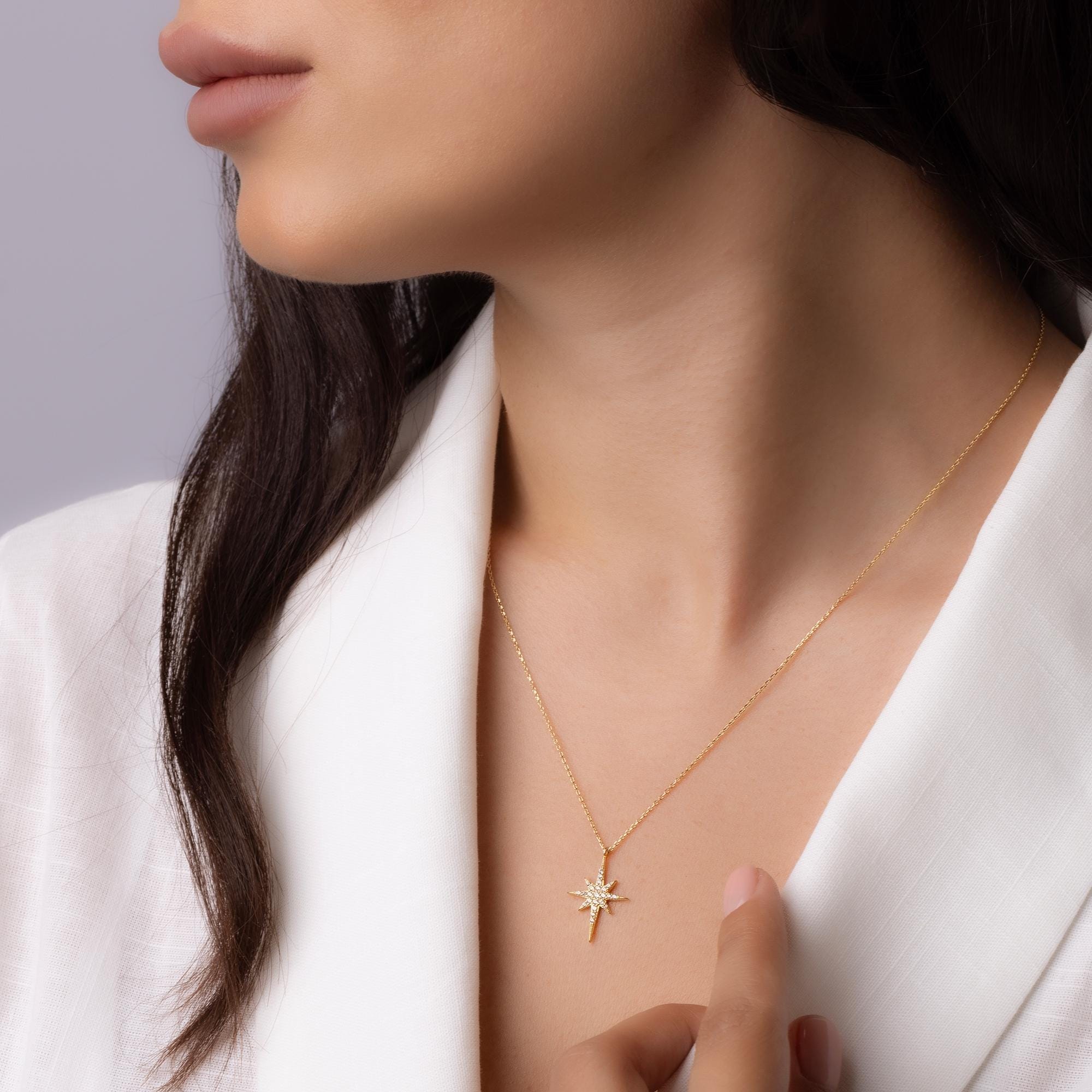 14K Solid Gold North Star Necklace - Dainty Celestial Pendant