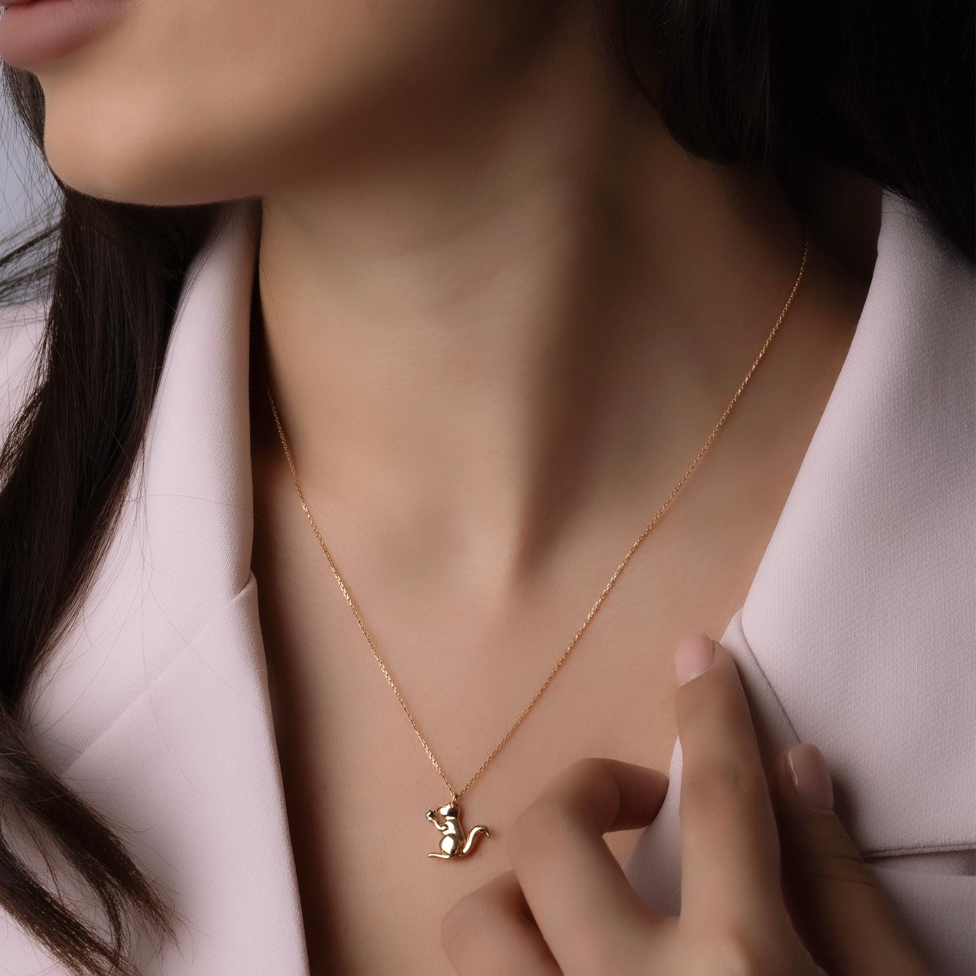 14K Solid Gold Squirrel Necklace – 12mm Animal Pendant