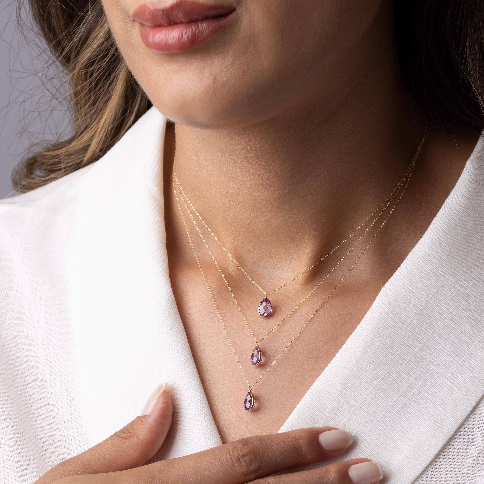 14K Solid Gold Amethyst Necklace - Dainty Purple Gemstone Pendant