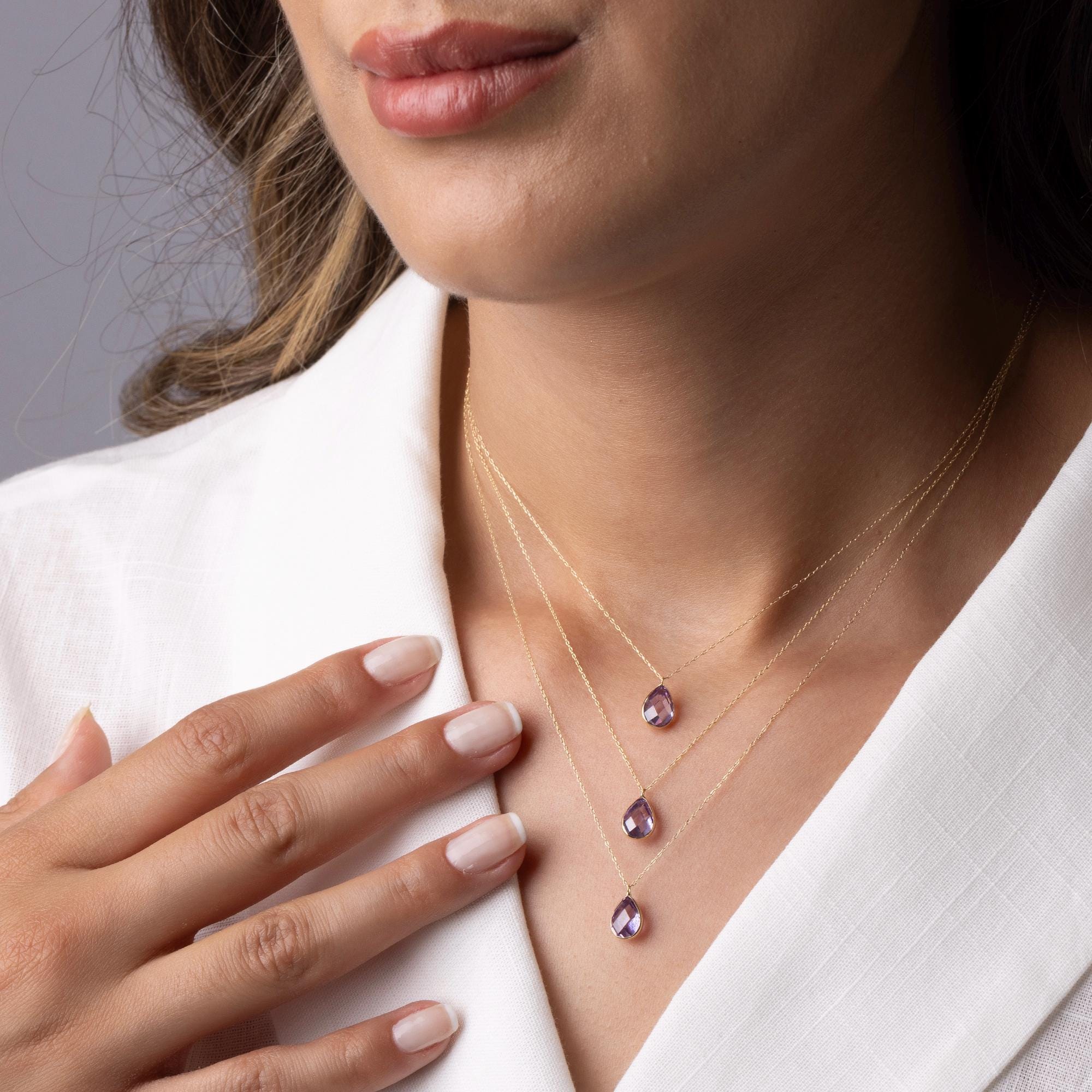 14K Solid Gold Amethyst Necklace - Dainty Purple Gemstone Pendant