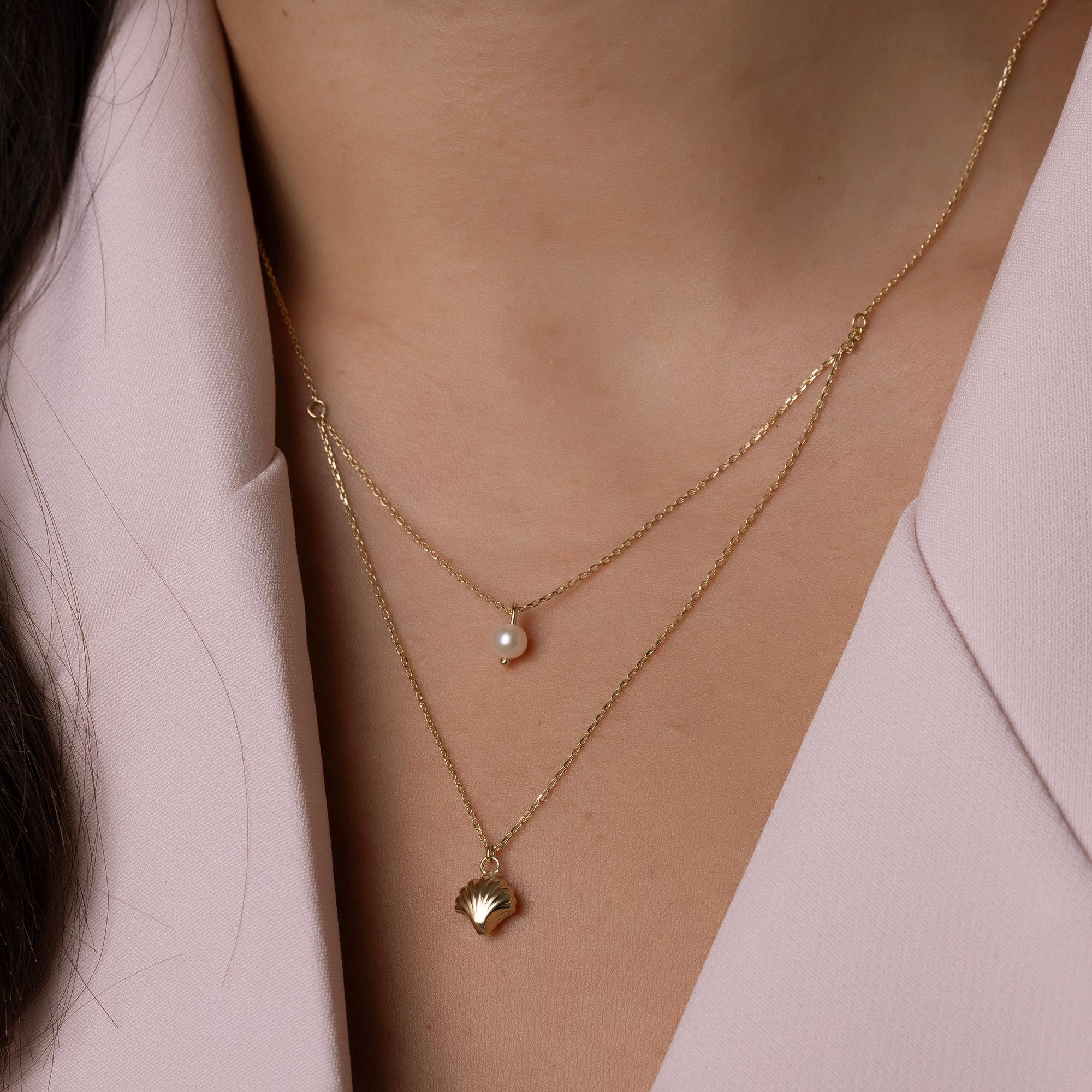 14K Solid Gold Layered Necklace with Pearl and Shell Pendant - Dainty Double Chain Necklace