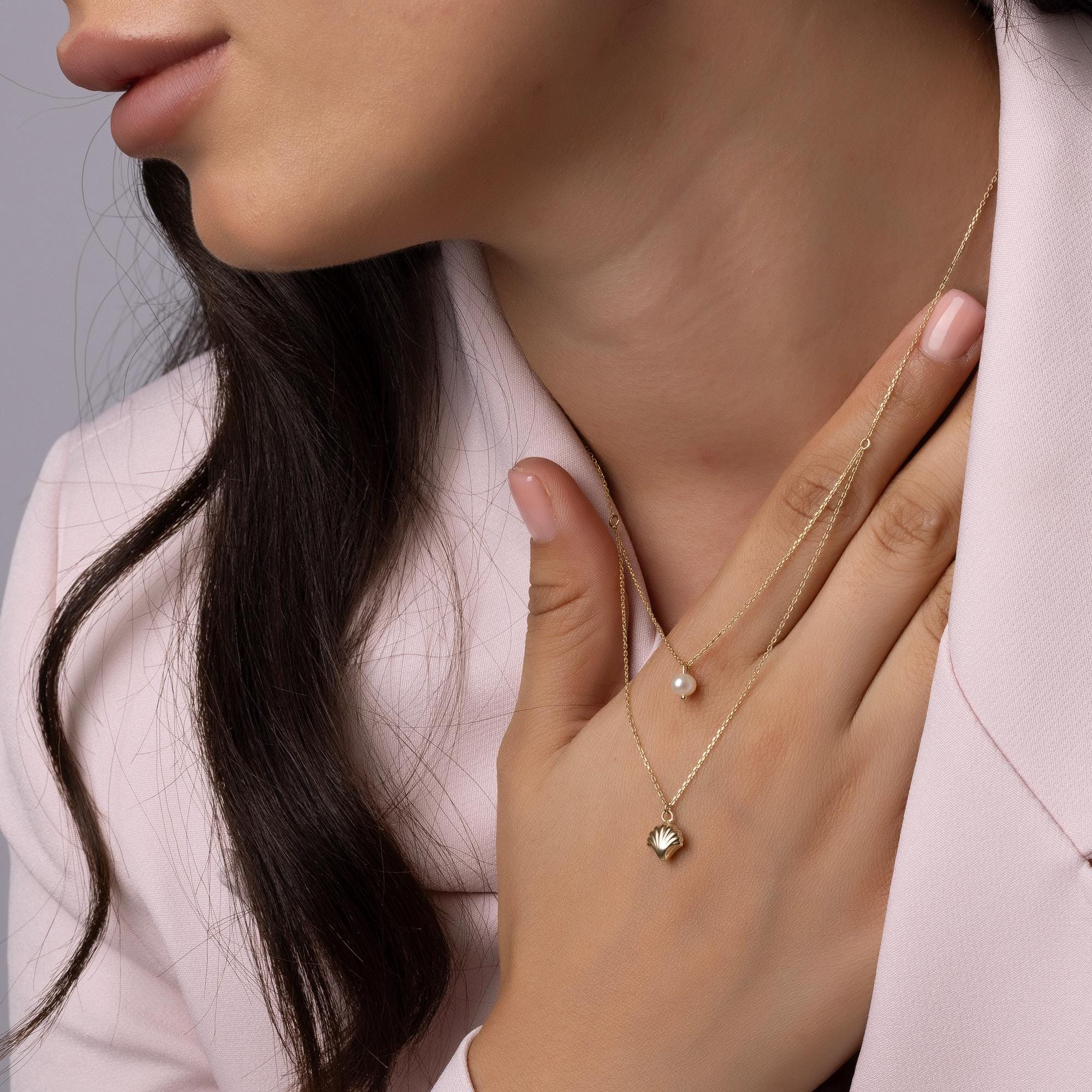 14K Solid Gold Layered Necklace with Pearl and Shell Pendant - Dainty Double Chain Necklace