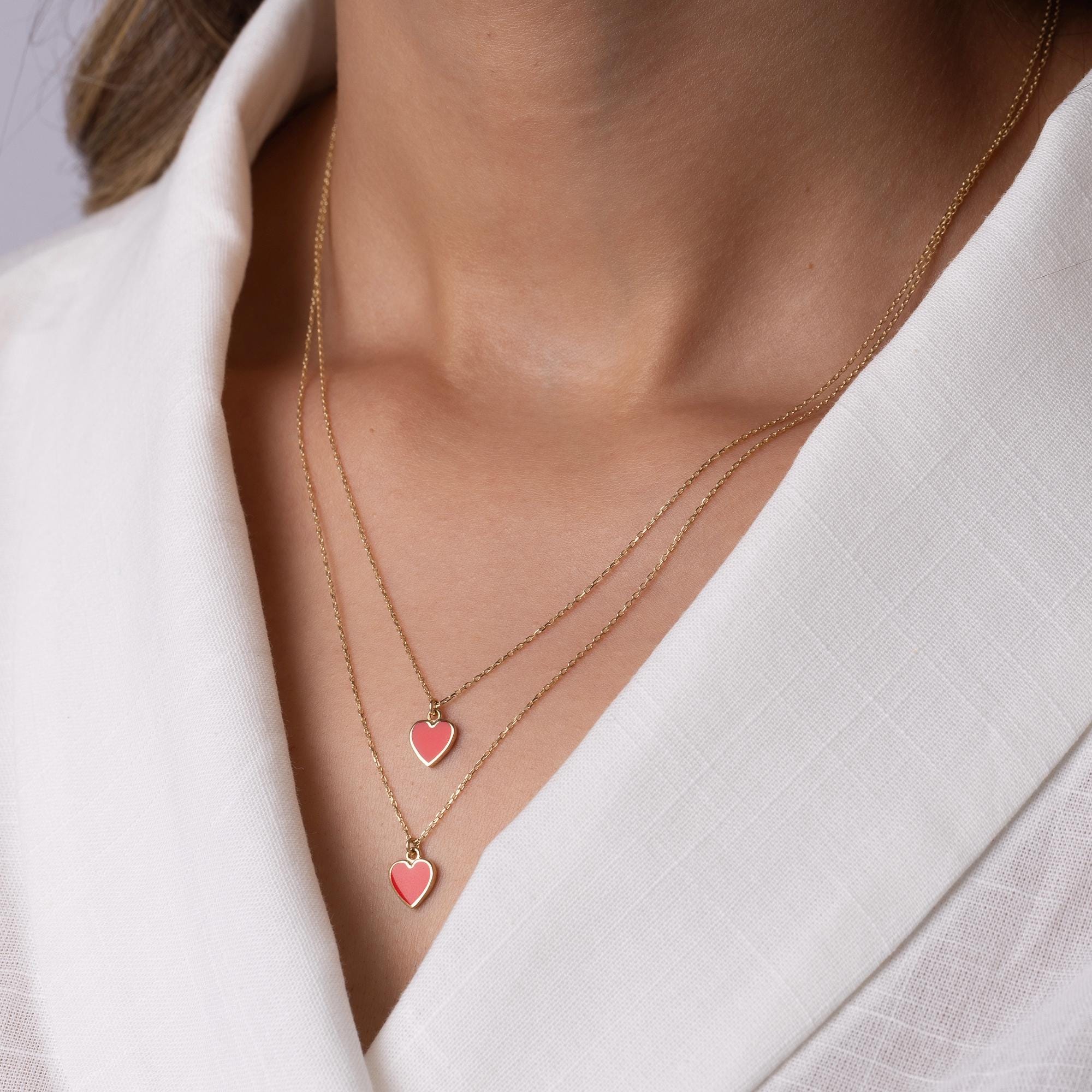 14K Solid Gold Red Heart Necklace - Enamel Love Pendant