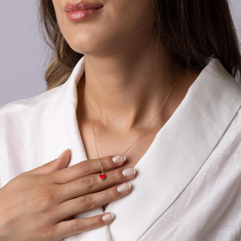 14K Solid Gold Red Heart Necklace - Enamel Love Pendant