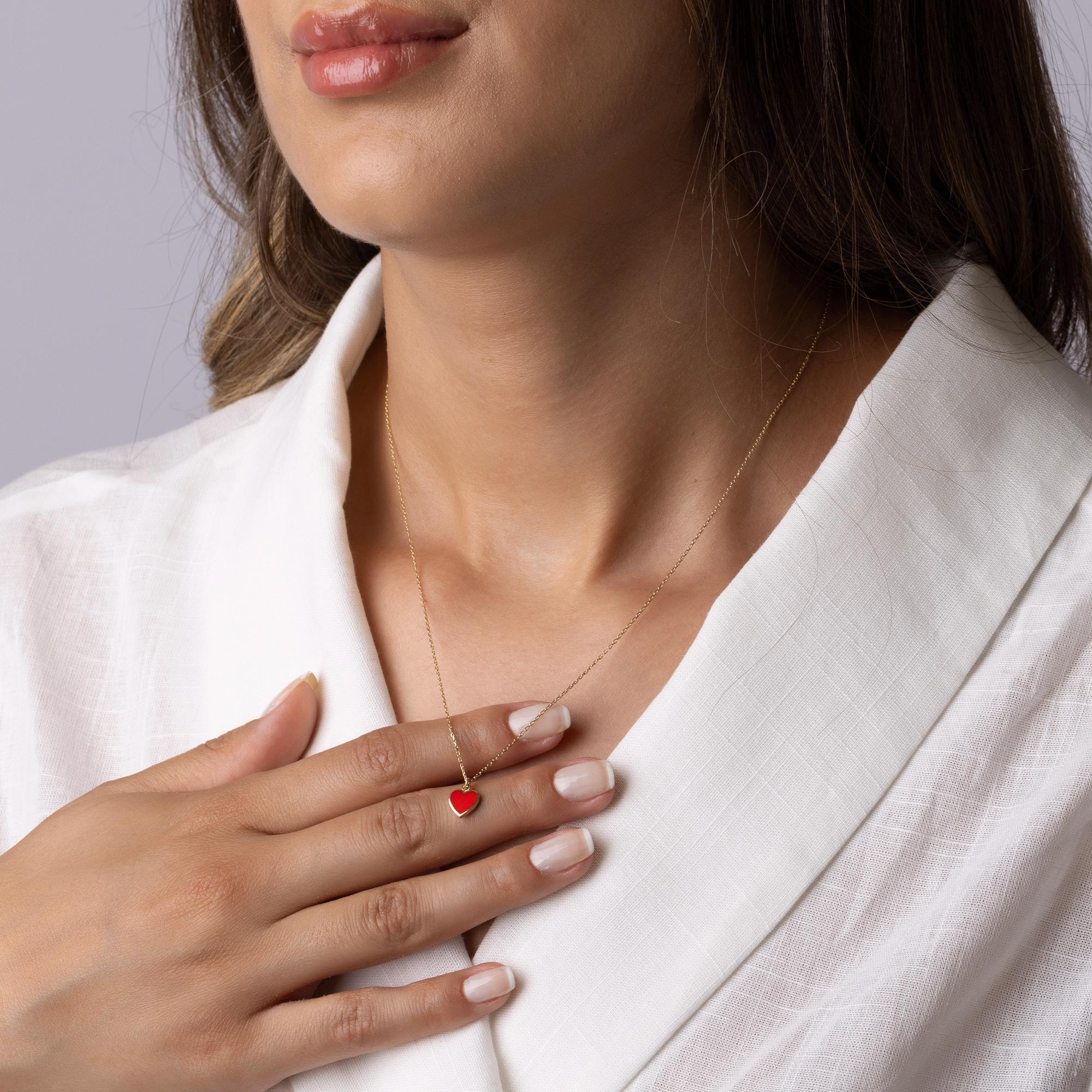 14K Solid Gold Red Heart Necklace - Enamel Love Pendant
