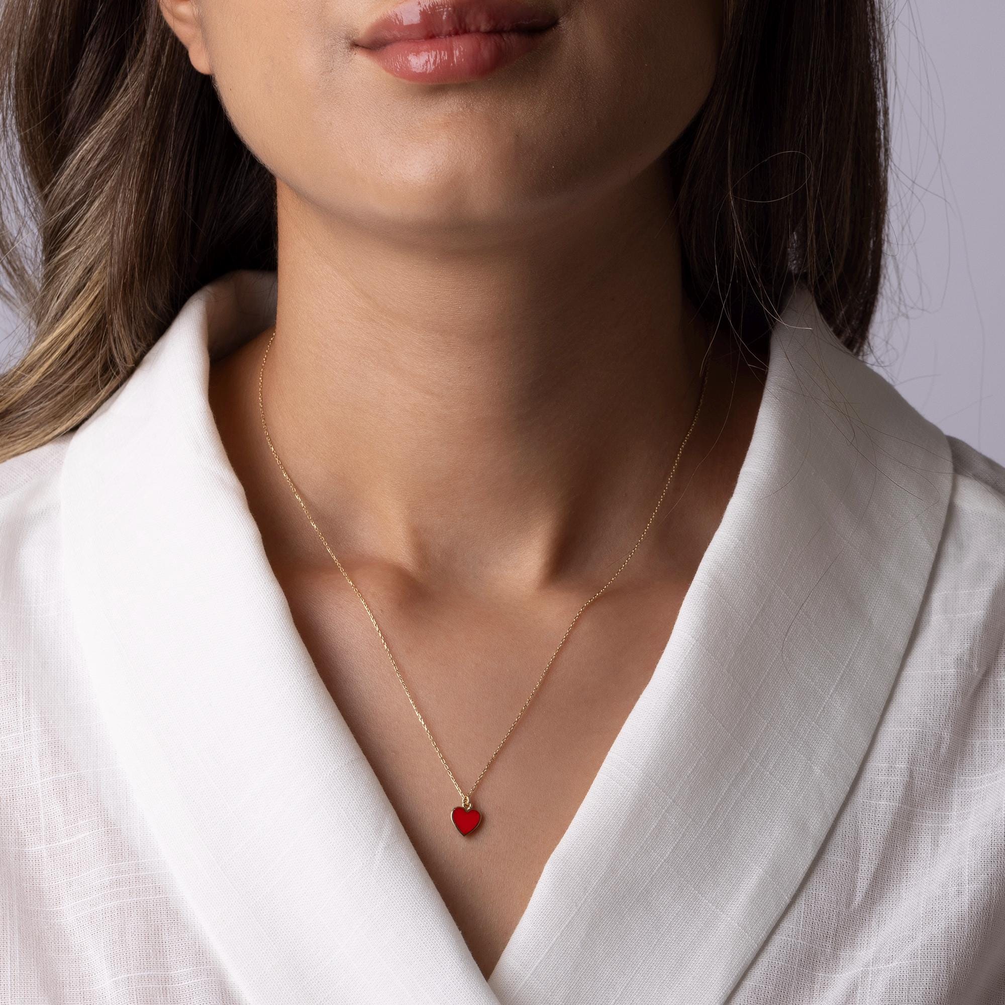 14K Solid Gold Red Heart Necklace - Enamel Love Pendant