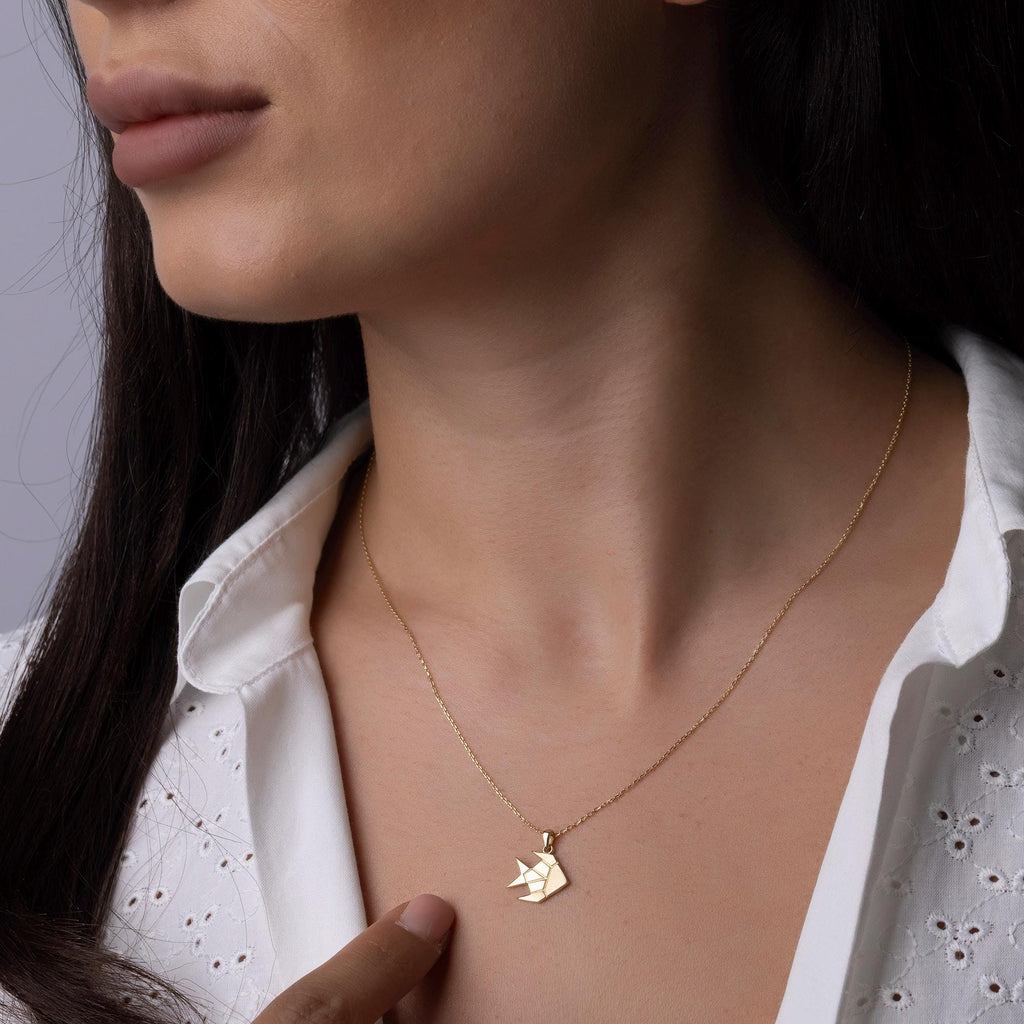 14K Solid Gold Origami Fish Necklace - Geometric Animal Pendant