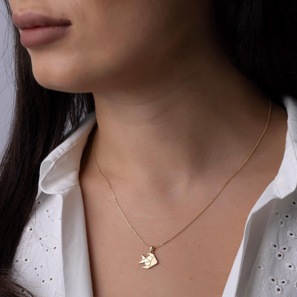 14K Solid Gold Origami Fish Necklace - Geometric Animal Pendant