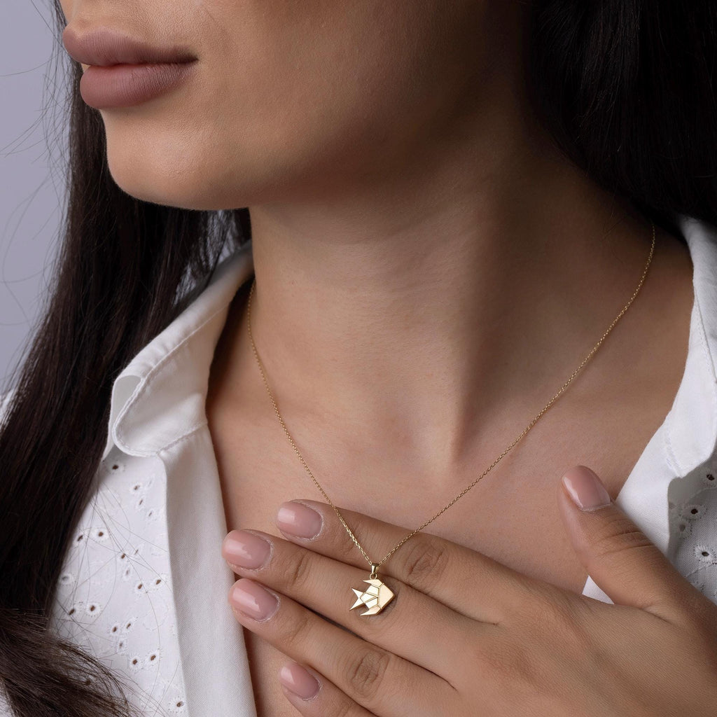 14K Solid Gold Origami Fish Necklace - Geometric Animal Pendant