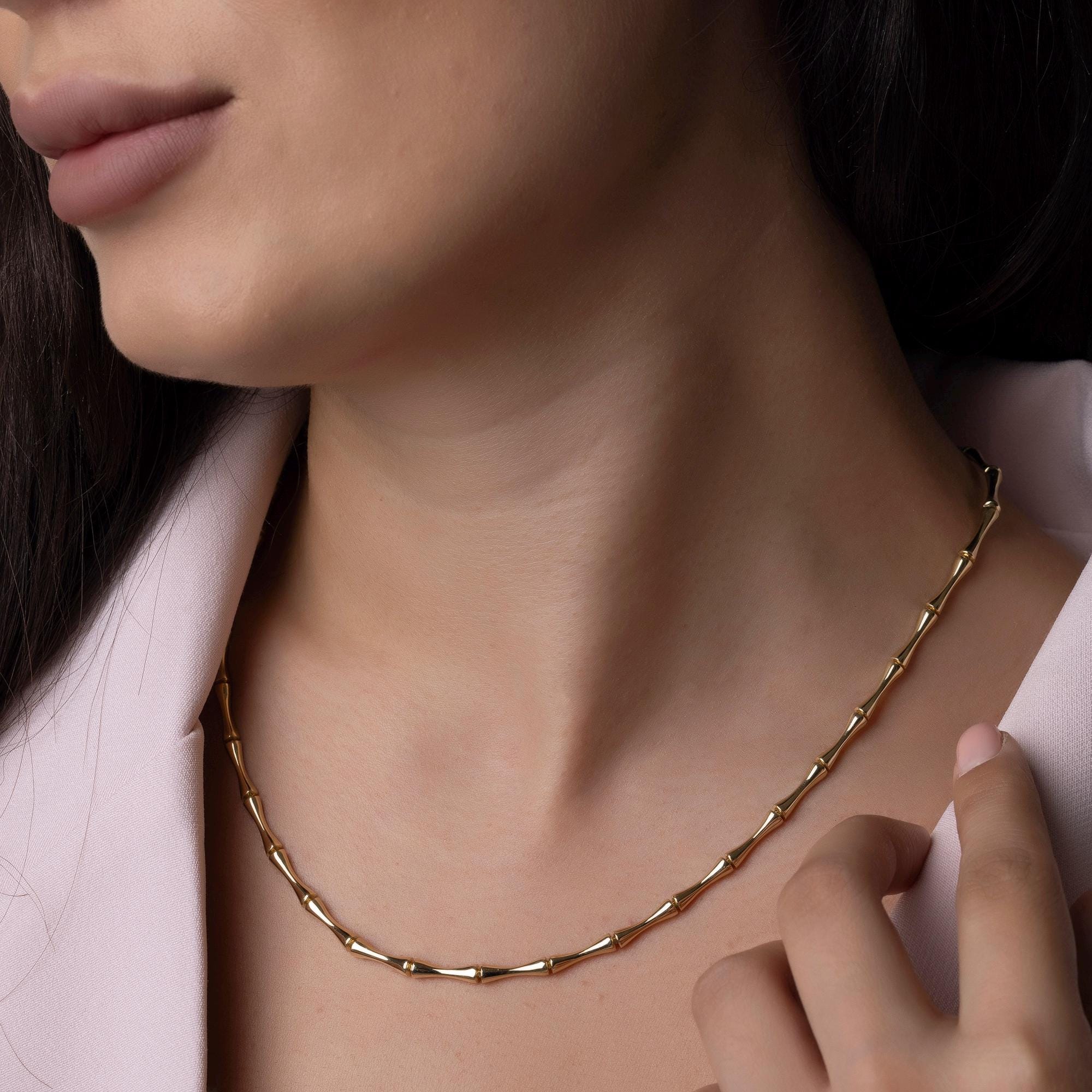 14K Solid Gold Bamboo Chain Necklace - Real Gold Statement Chain