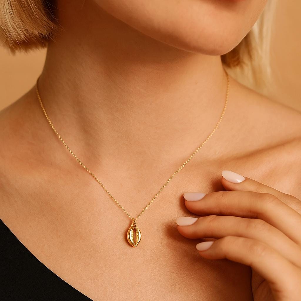 14K Solid Gold Shell Necklace, Dainty Cowrie Pendant, Real Gold Beach Jewelry