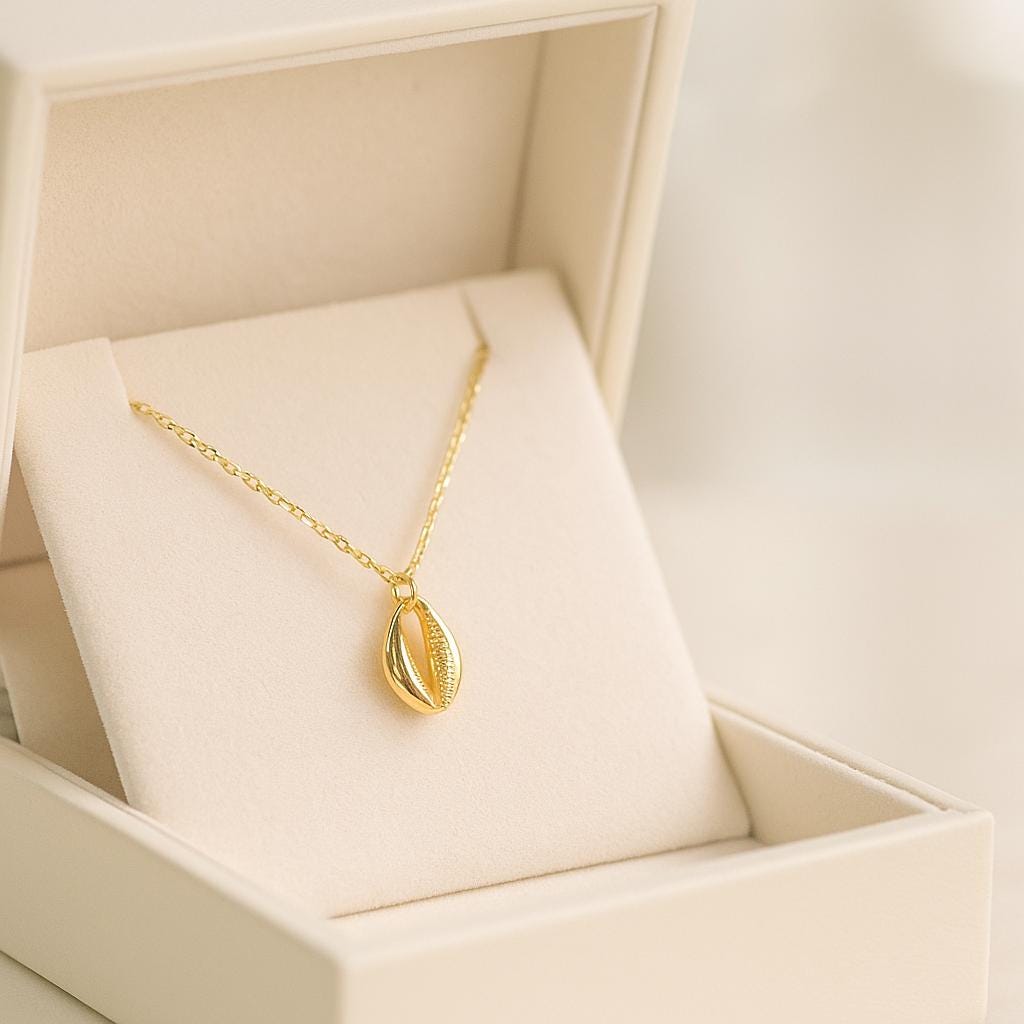 14K Solid Gold Shell Necklace, Dainty Cowrie Pendant, Real Gold Beach Jewelry
