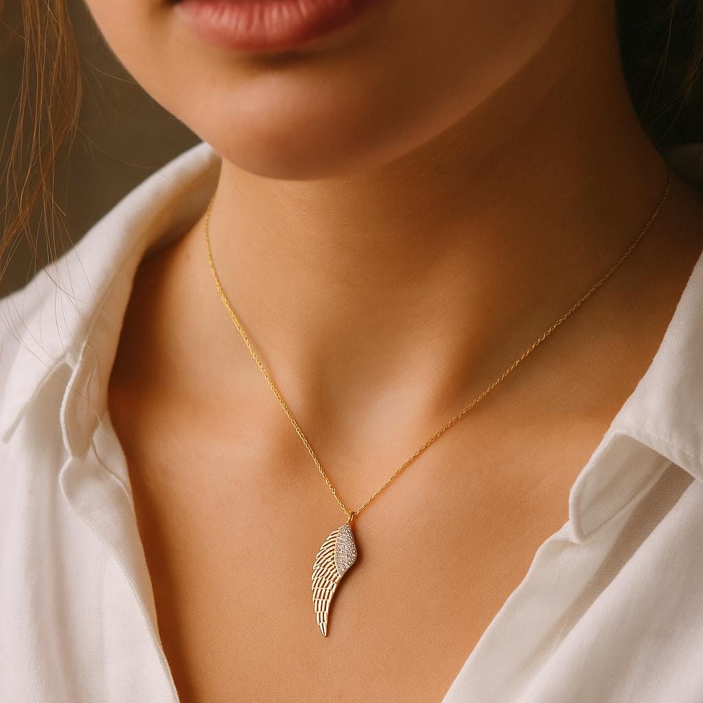 14K Solid Gold Angel Wing Necklace - Gold Guardian Angel Pendant