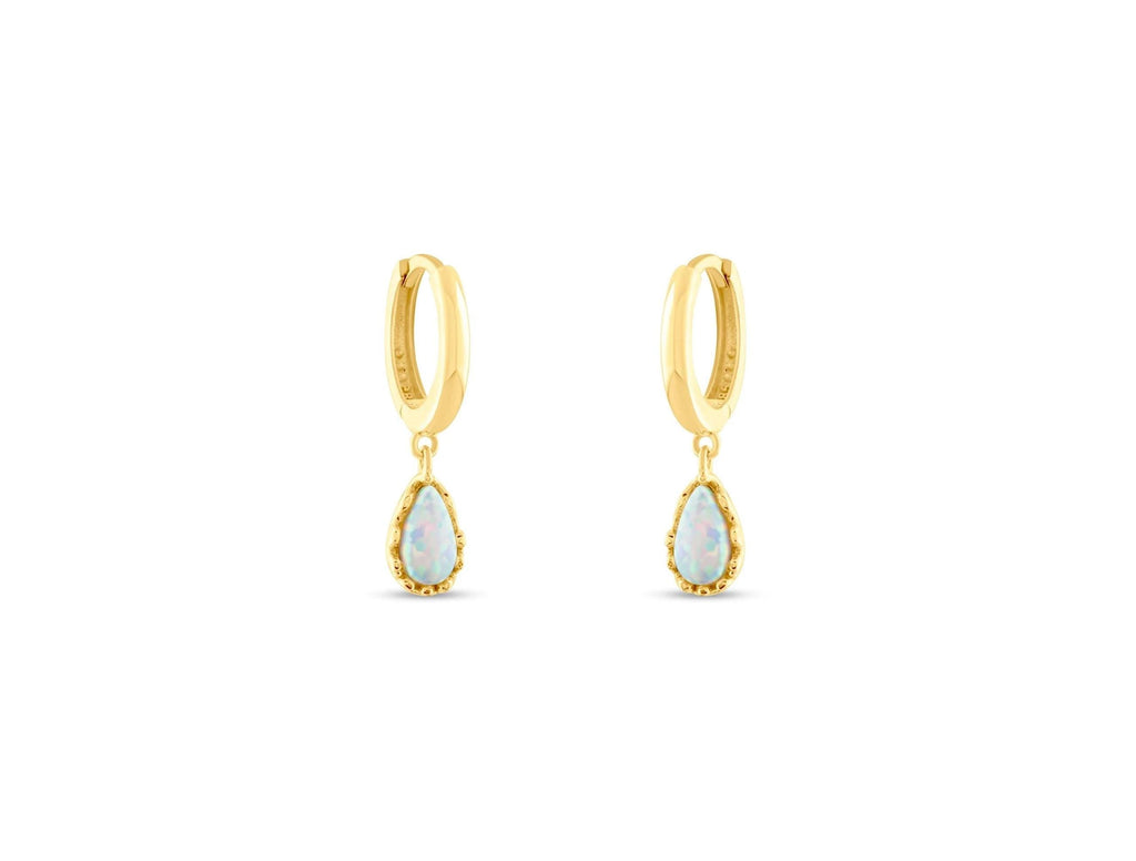14K Solid Gold Opal Hoop Earrings - Minimalist Gold Drop Earrings