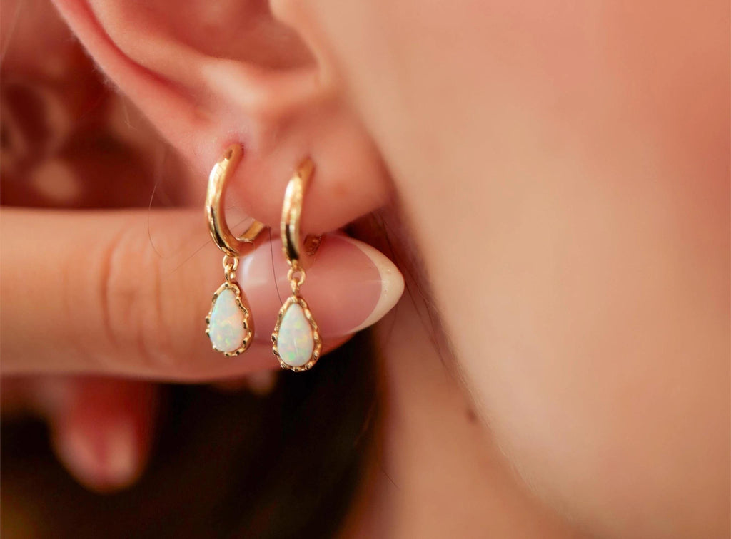 14K Solid Gold Opal Hoop Earrings - Minimalist Gold Drop Earrings