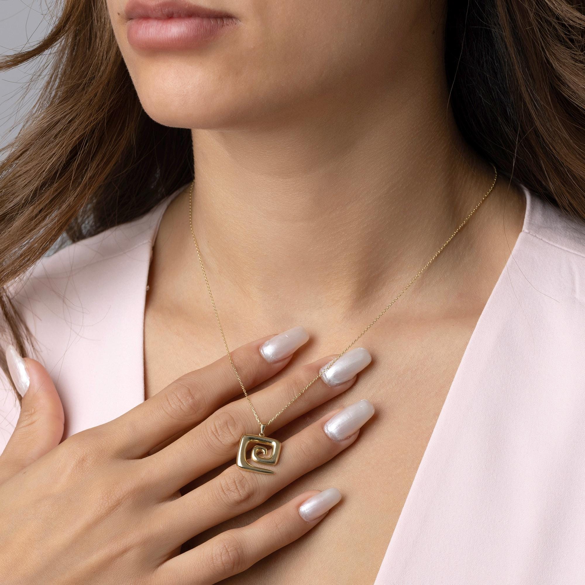 14K Solid Gold Spiral Necklace - Energy Symbol Pendant