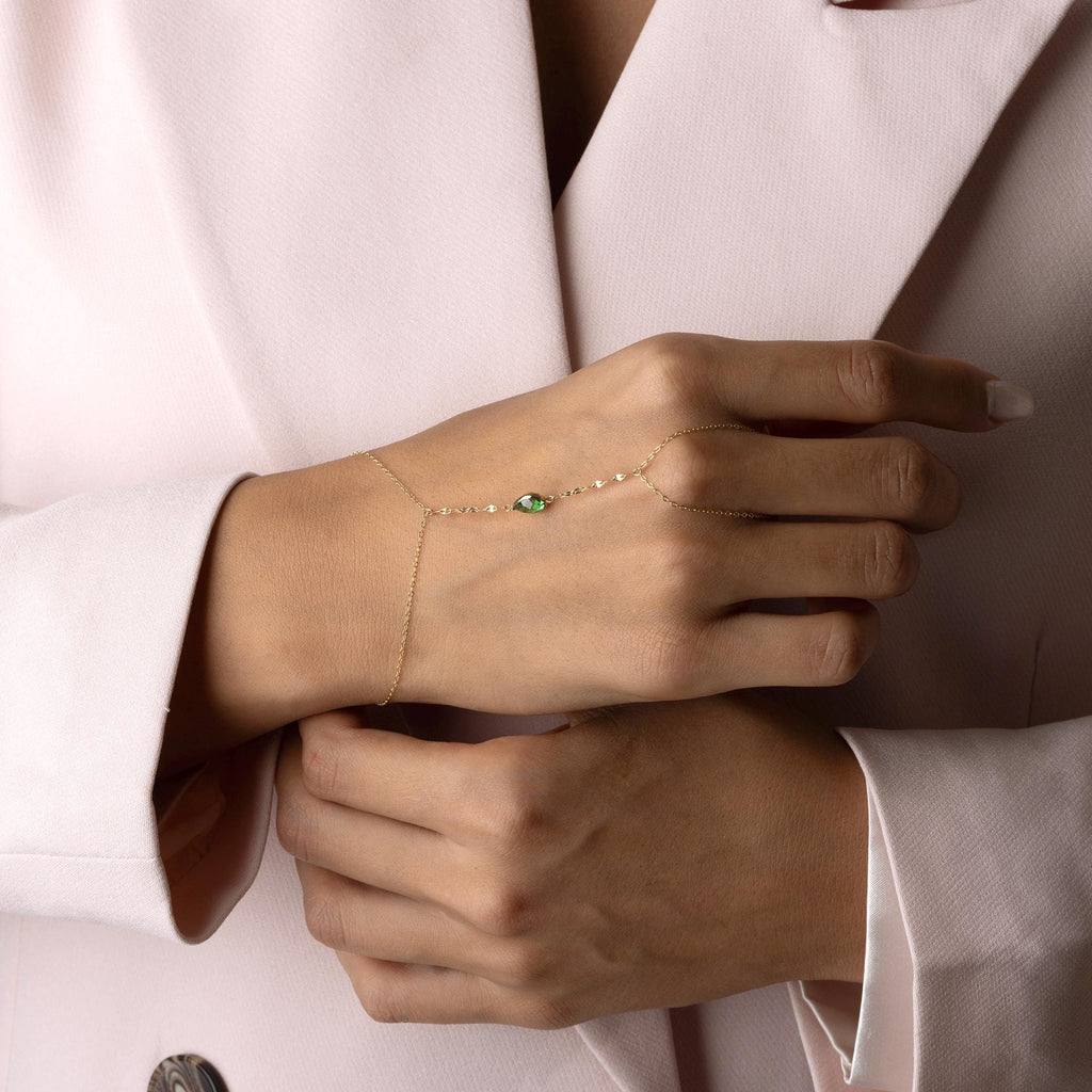 14K Solid Gold Multicolor Hand Chain Bracelet - Red Green Blue Gemstone Jewelry