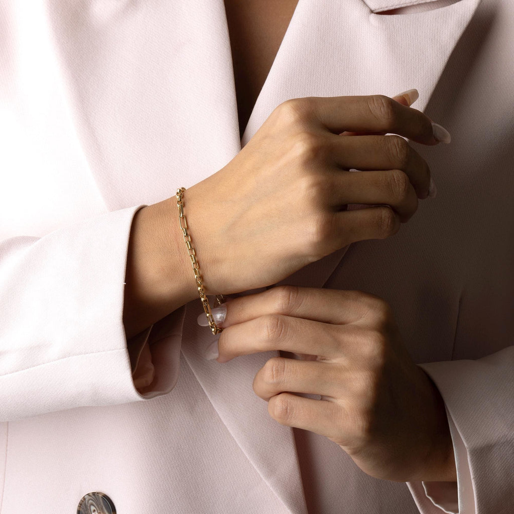 14K Solid Gold Paperclip Chain Bracelet, Minimalist Gold Link Bracelet, Real Gold Jewelry for Women, Fine Gold Gift