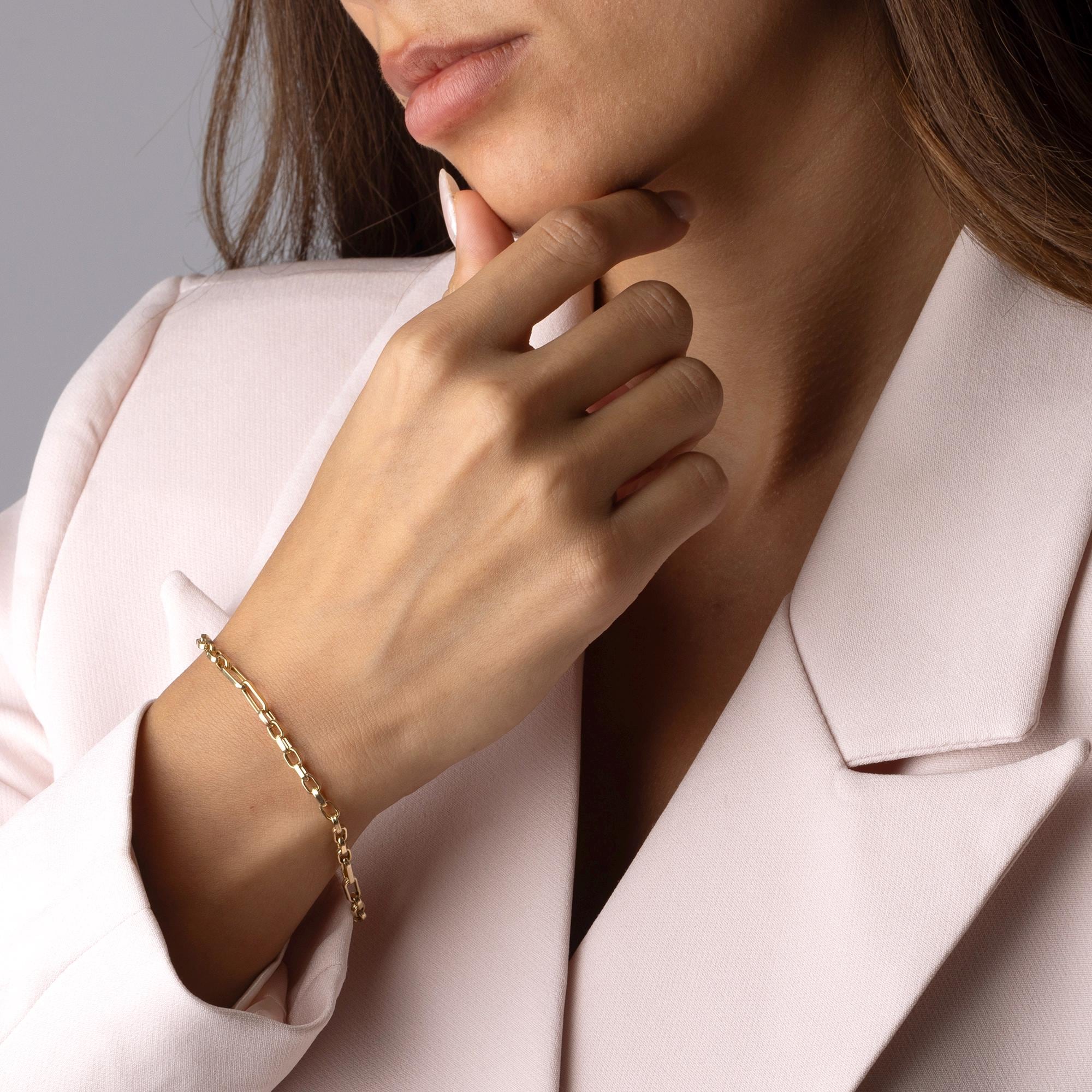 14K Solid Gold Paperclip Chain Bracelet, Minimalist Gold Link Bracelet, Real Gold Jewelry for Women, Fine Gold Gift